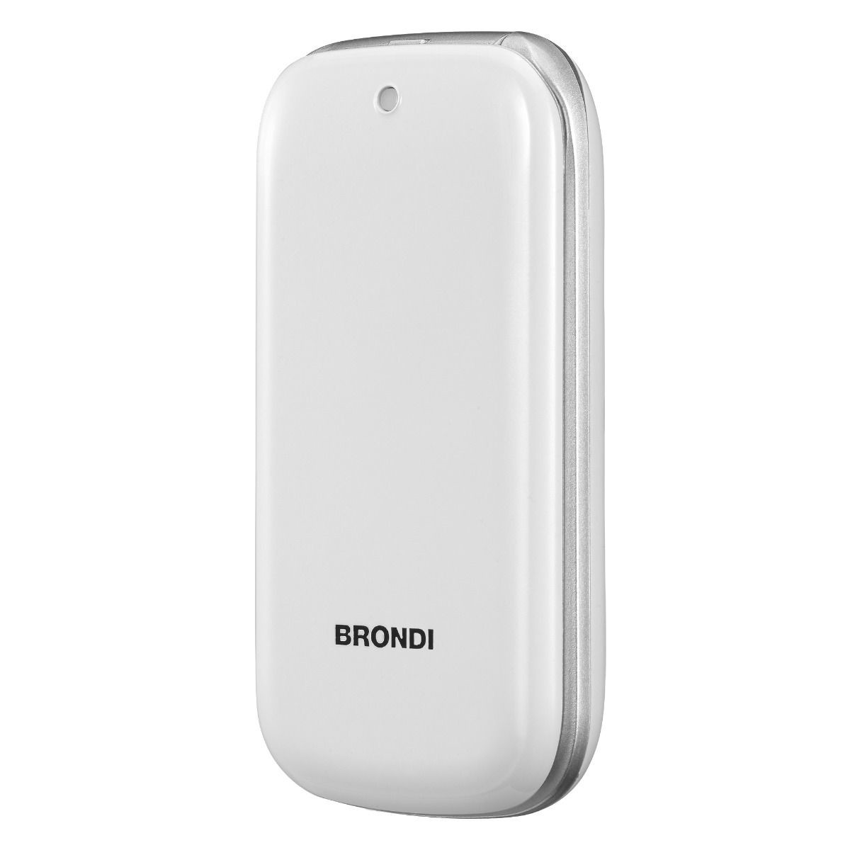 Un telefono a conchiglia bianco chiuso con bordo argentato e logo "BRONDI".