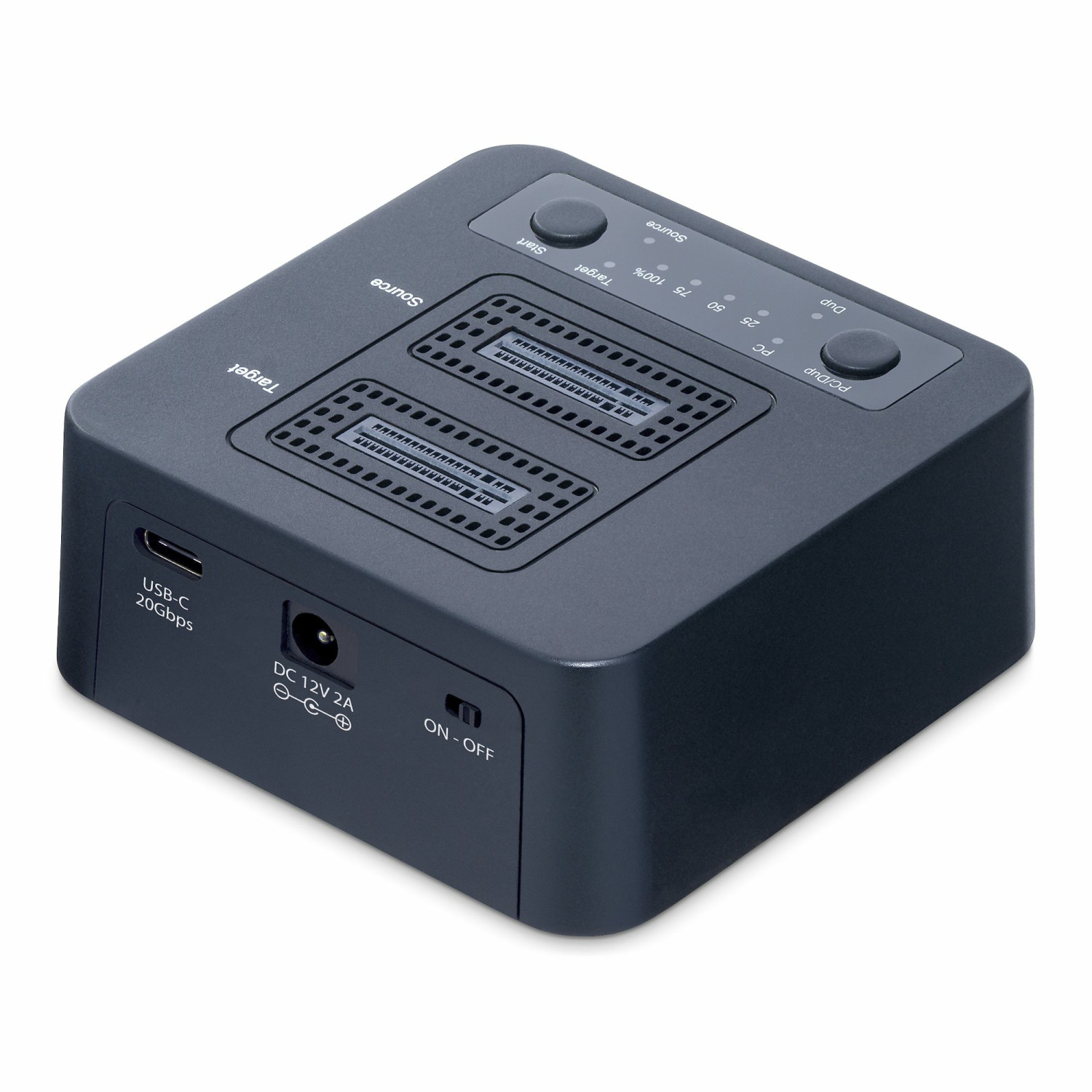 Dispositivo duplicador gris oscuro con puertos y controles.