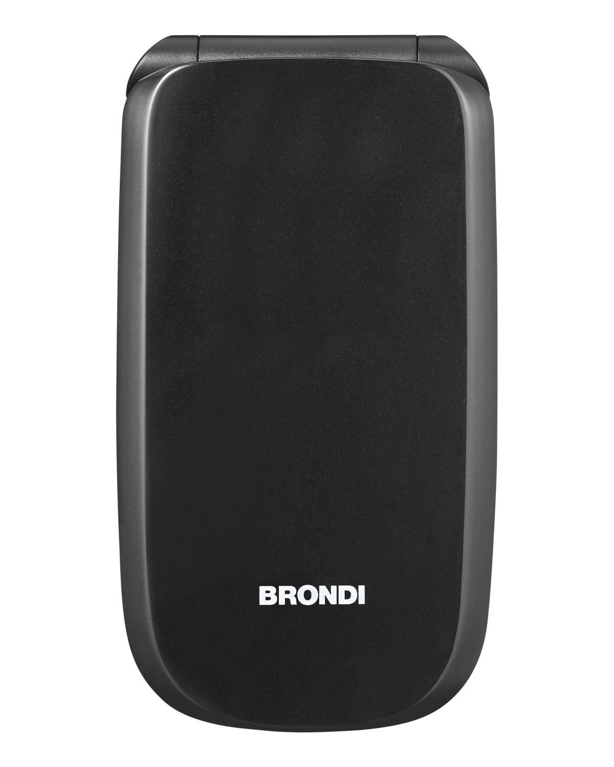 Zwarte klaptelefoon met BRONDI-logo op de behuizing.