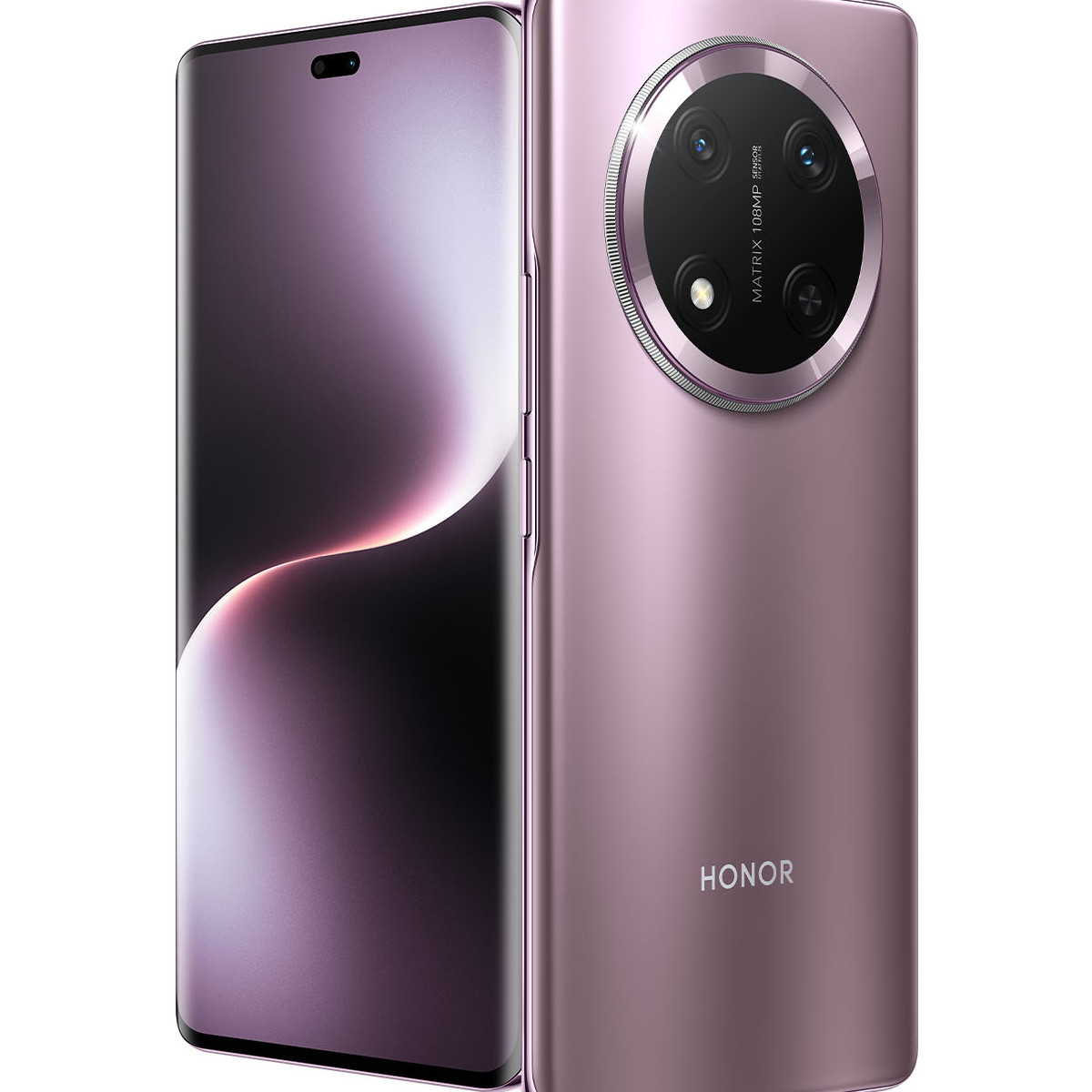 Ein schlankes, roségoldenes Honor-Smartphone wird gezeigt, das seine Kameraanordnung und seinen Bildschirm zeigt.
