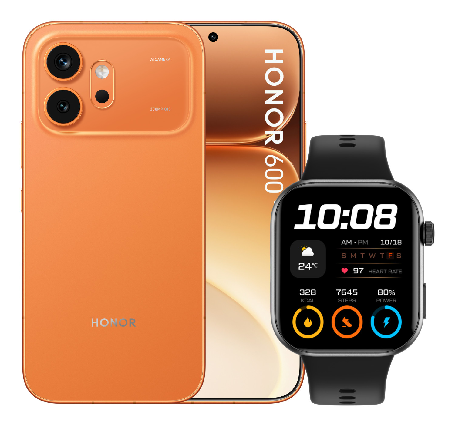 Ein orangefarbenes Honor-Smartphone und eine schwarze Smartwatch nebeneinander.