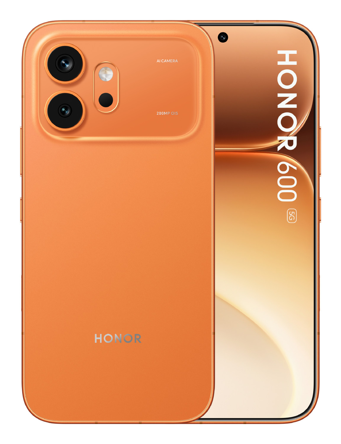 Orange Honor 600 5G Smartphone mit zweifacher Kamera und silbernem Honor-Logo.