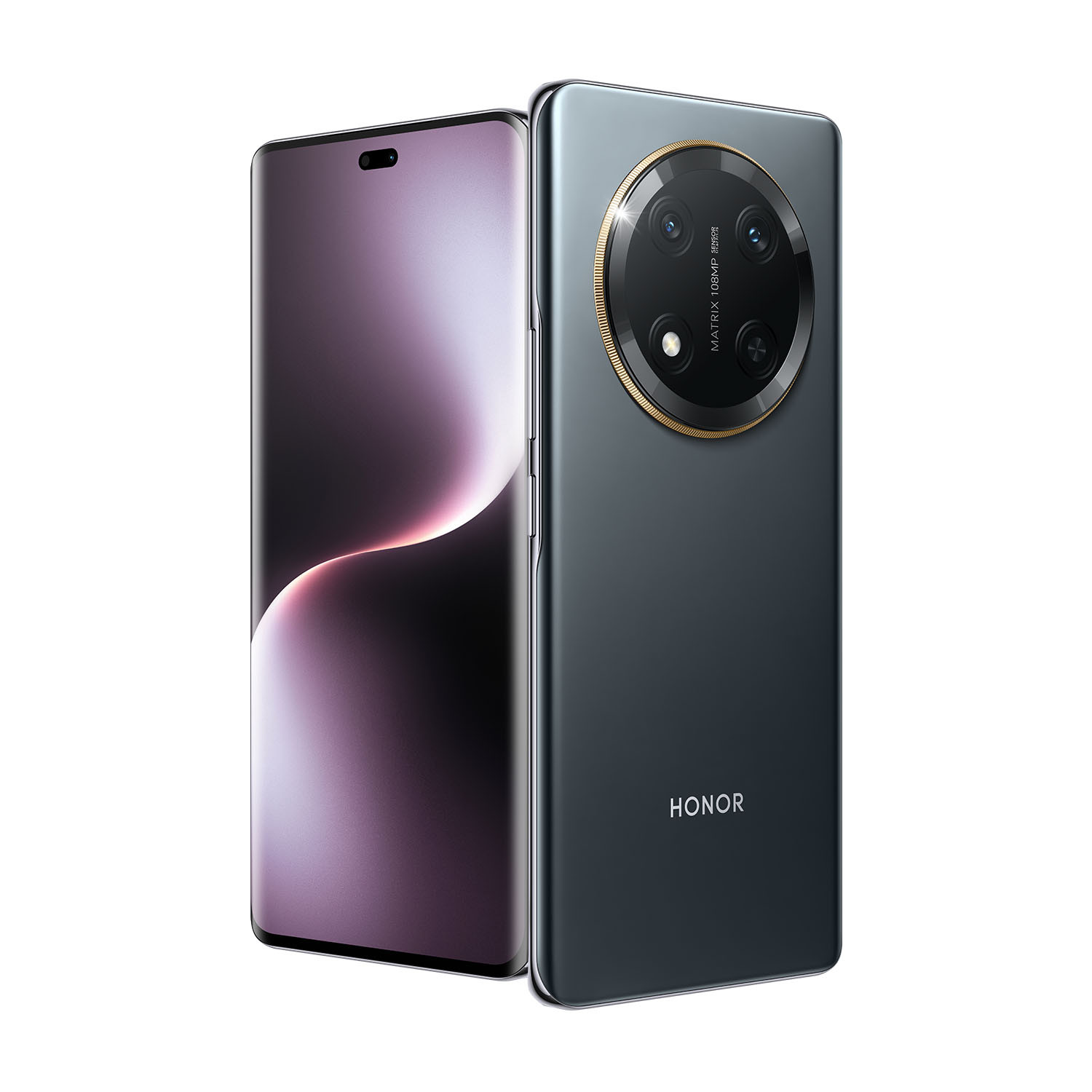 Een donkergrijze Honor smartphone met een grote ronde cameralens op de achterkant.
