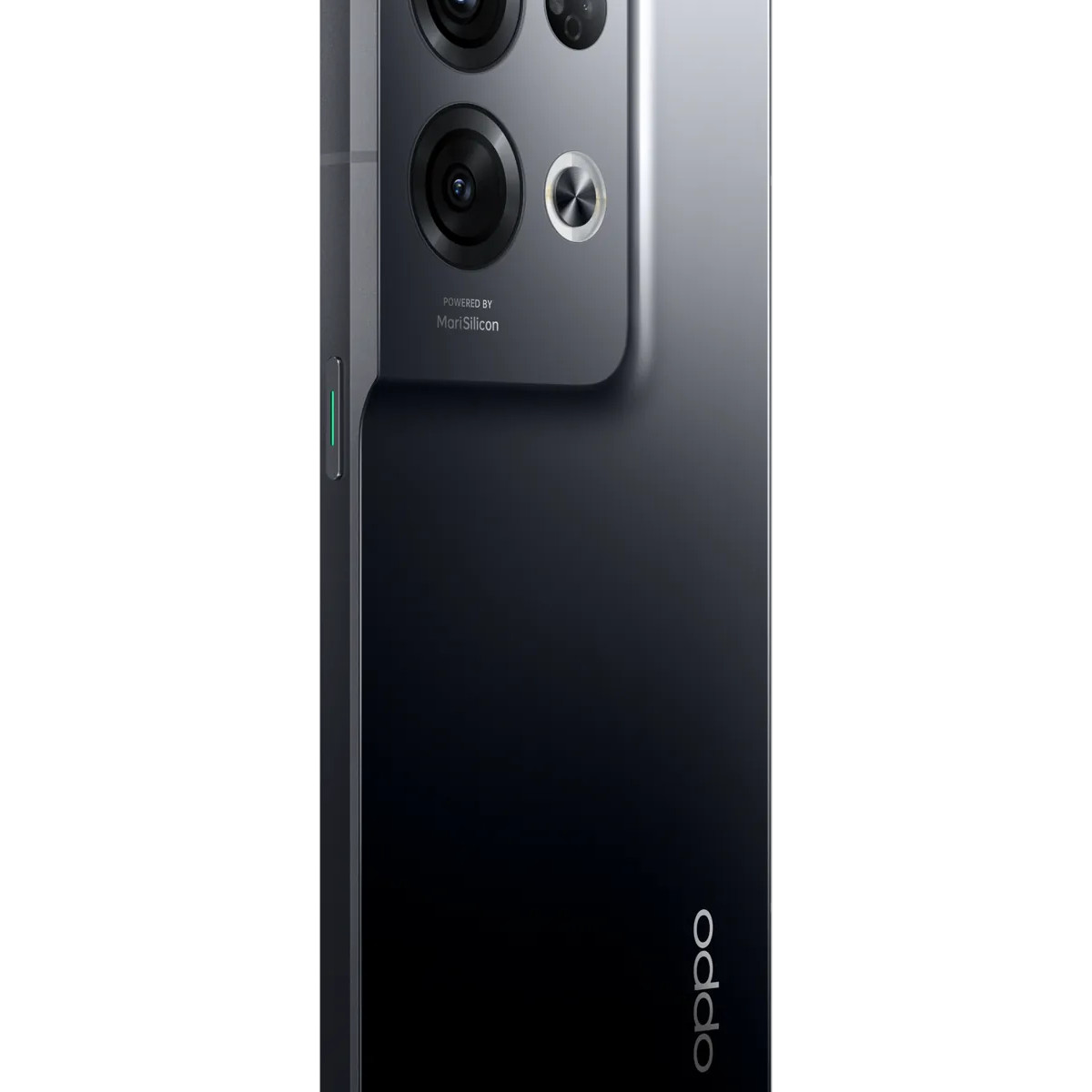 Teléfono inteligente oscuro con conjunto de cámaras y logo Oppo.