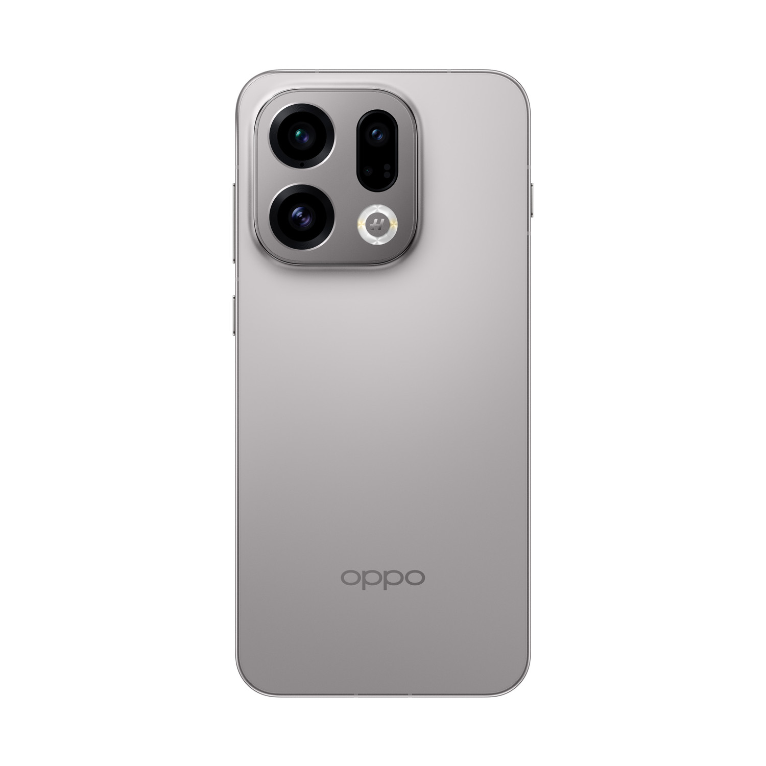 Arrière d'un smartphone argenté avec triple appareil photo et logo Oppo.