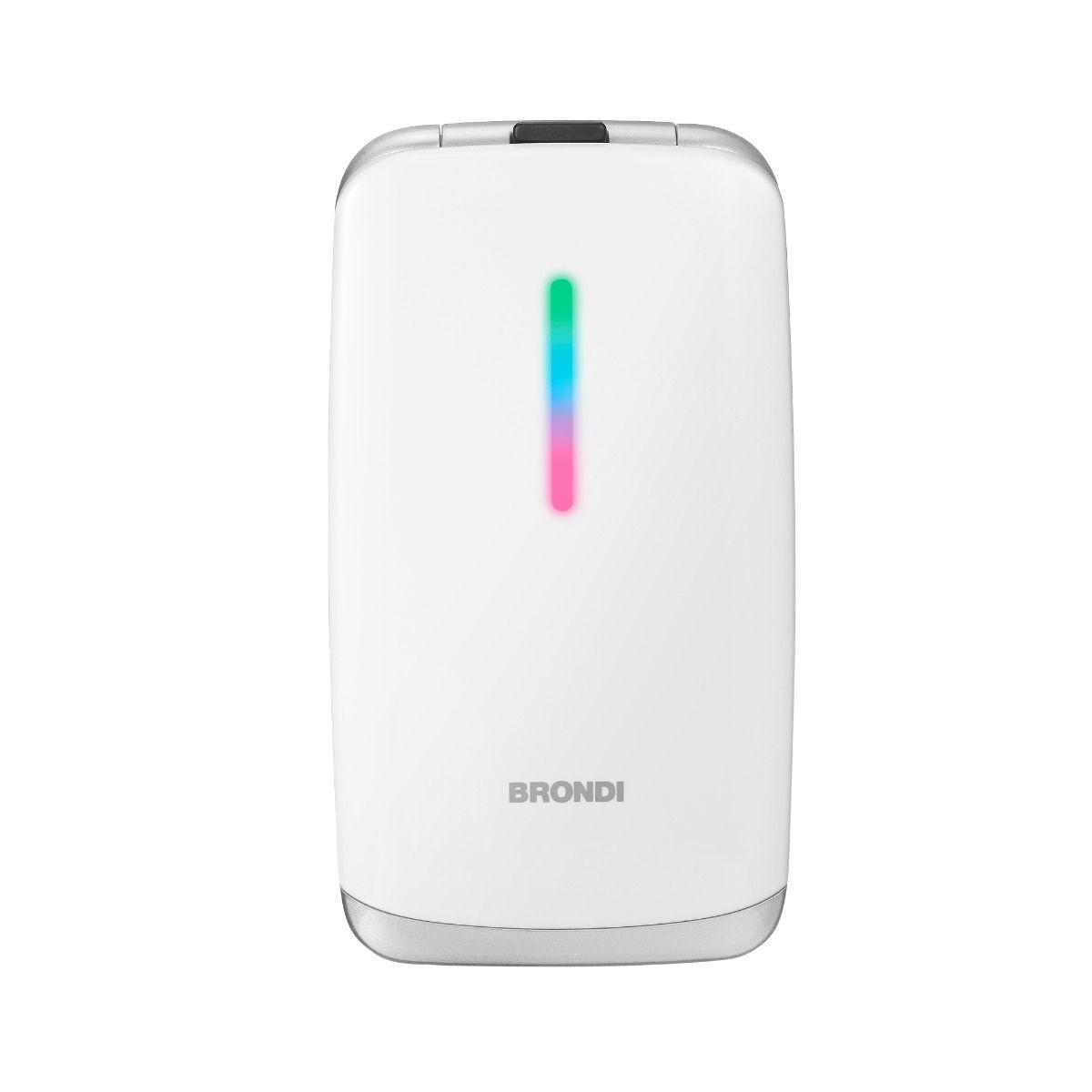 Un dispositivo BronDi bianco con striscia LED verticale colorata: verde, blu, rosa.