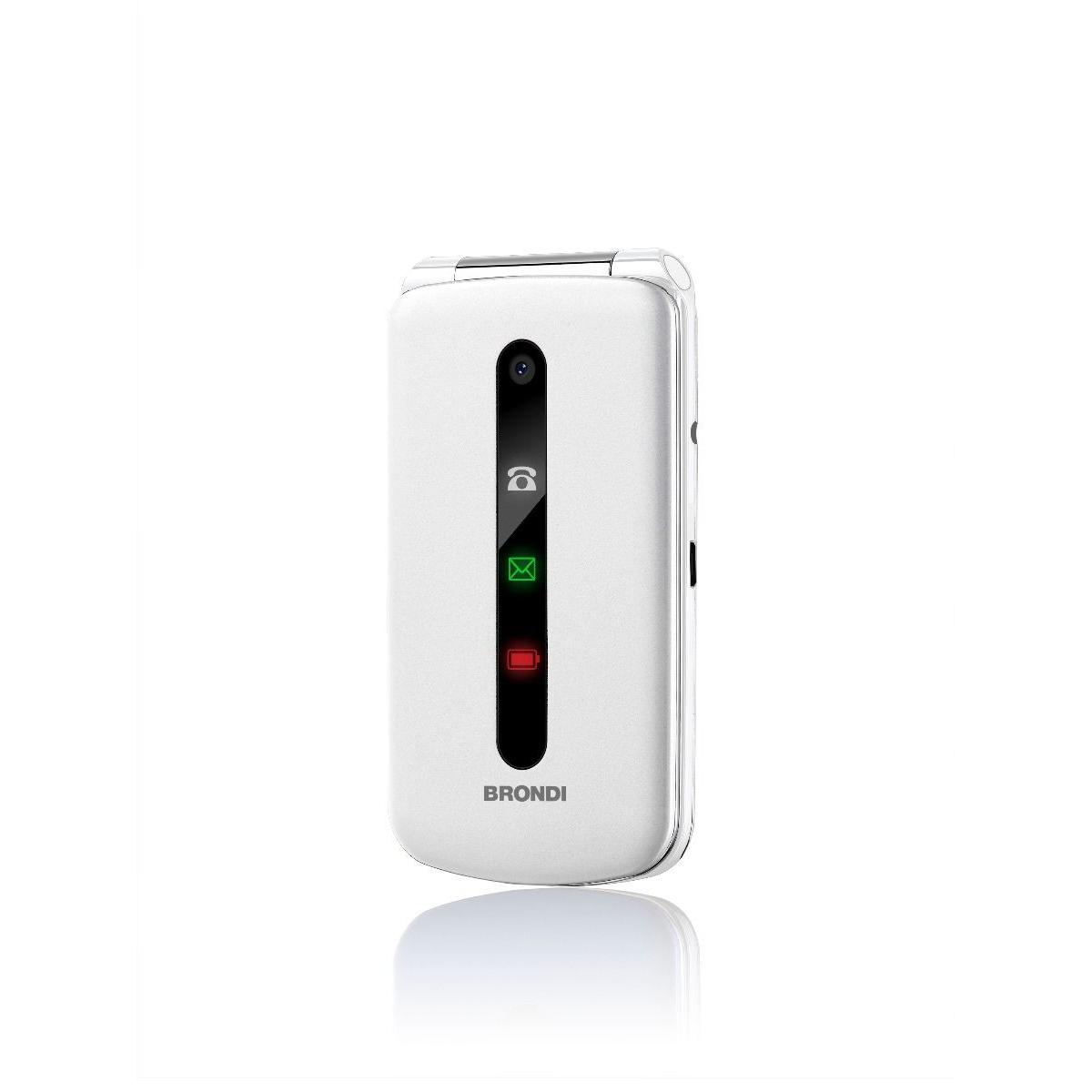 Un teléfono plegable blanco cerrado con franja negra e iconos.