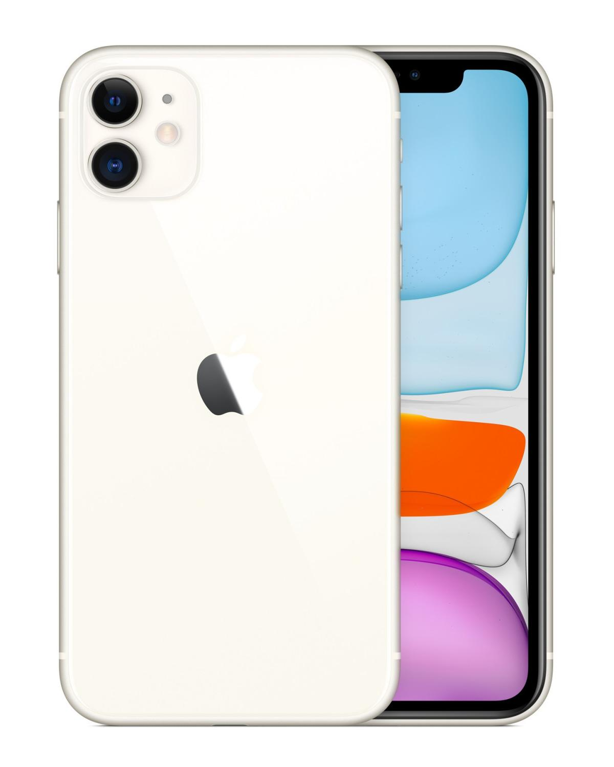 Ein weißes iPhone 11 mit zwei Kameras und dem Apple-Logo auf der Rückseite.