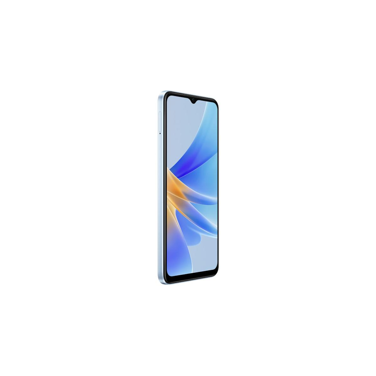 Uno smartphone azzurro con uno sfondo astratto blu e arancione sullo schermo.