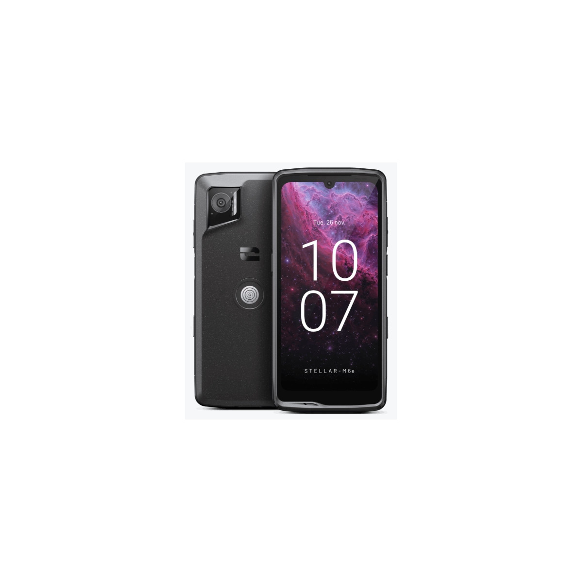 Ein schwarzes Smartphone wird aus zwei Blickwinkeln gezeigt, Vorder- und Rückseite.