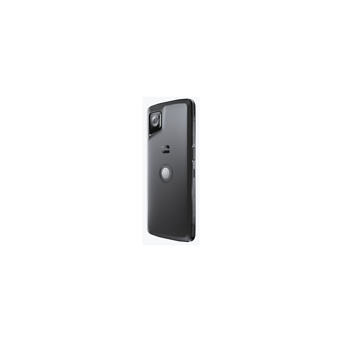 Dunkelgraues Smartphone mit Kamera und Kreis auf der Rückseite.