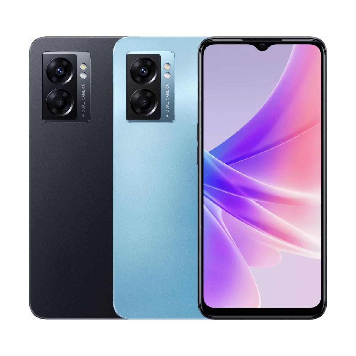 Zwei Smartphones, eines dunkelgrau, eines hellblau, mit Kameras und Bildschirmen.