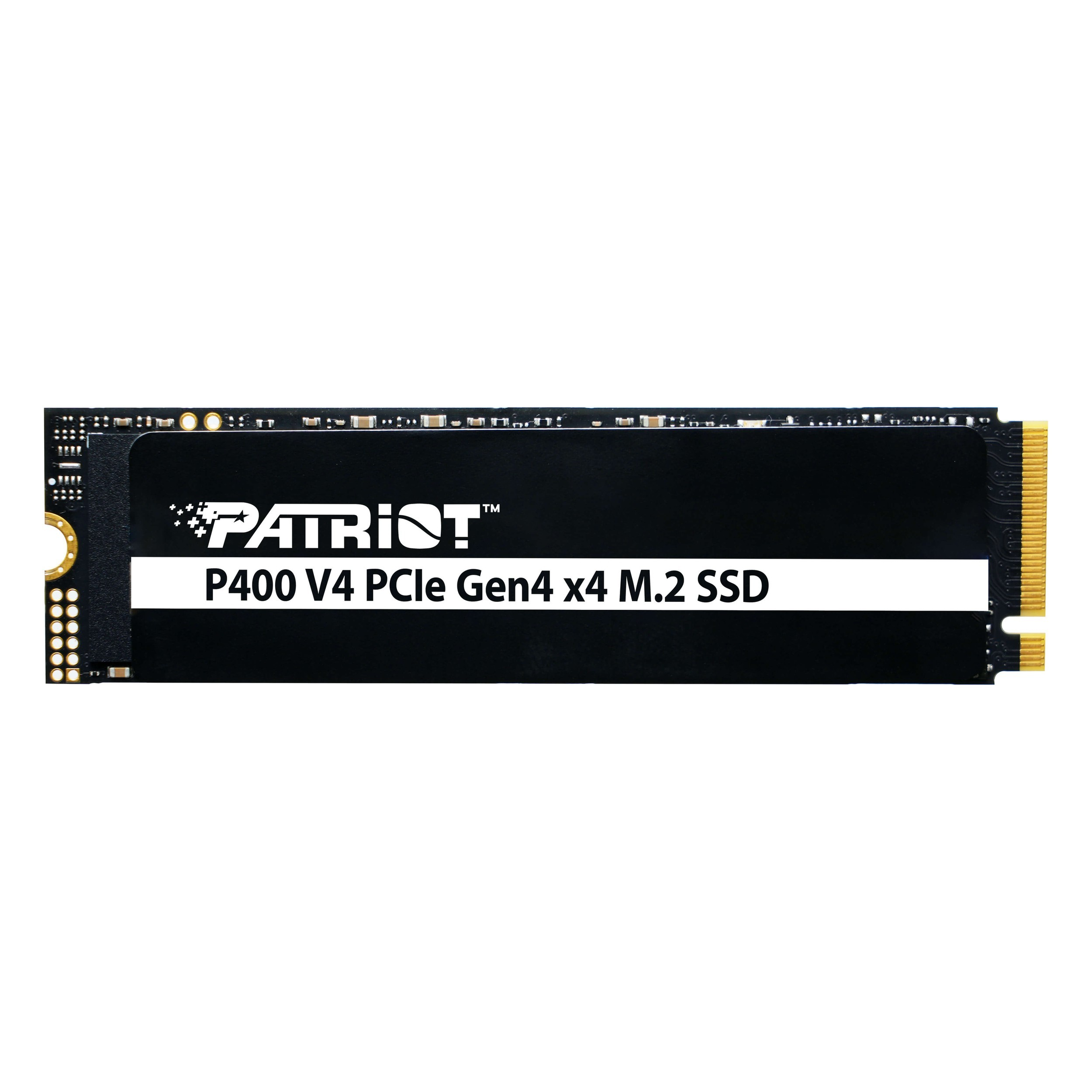 Patriot P400 V4 PCIe Gen4 x4 M.2 SSD, altın konektörlü, beyaz arka planlı.