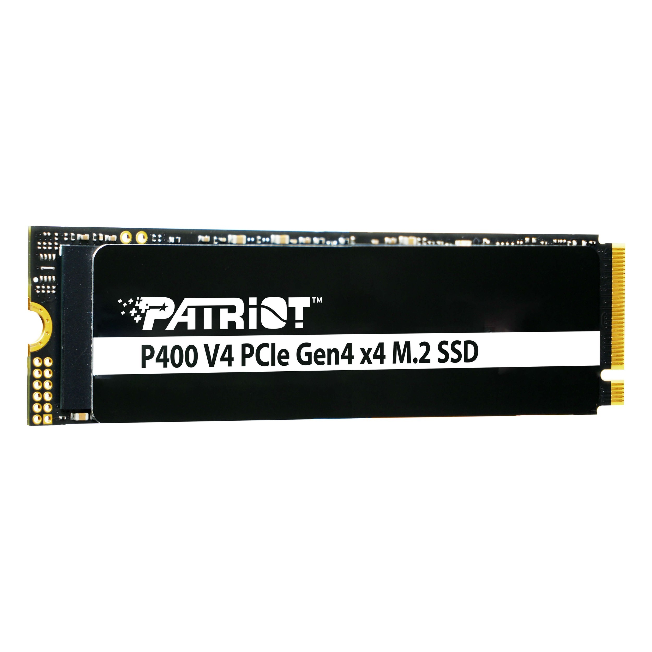 Altın konektörlü ve siyah kasalı Patriot P400 V4 M.2 SSD.