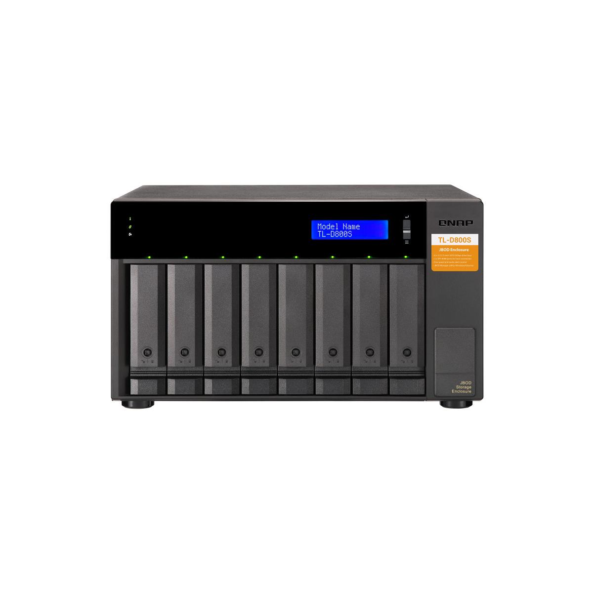 Un enclosure QNAP TL-D800S JBOD nero con otto bay per drive.