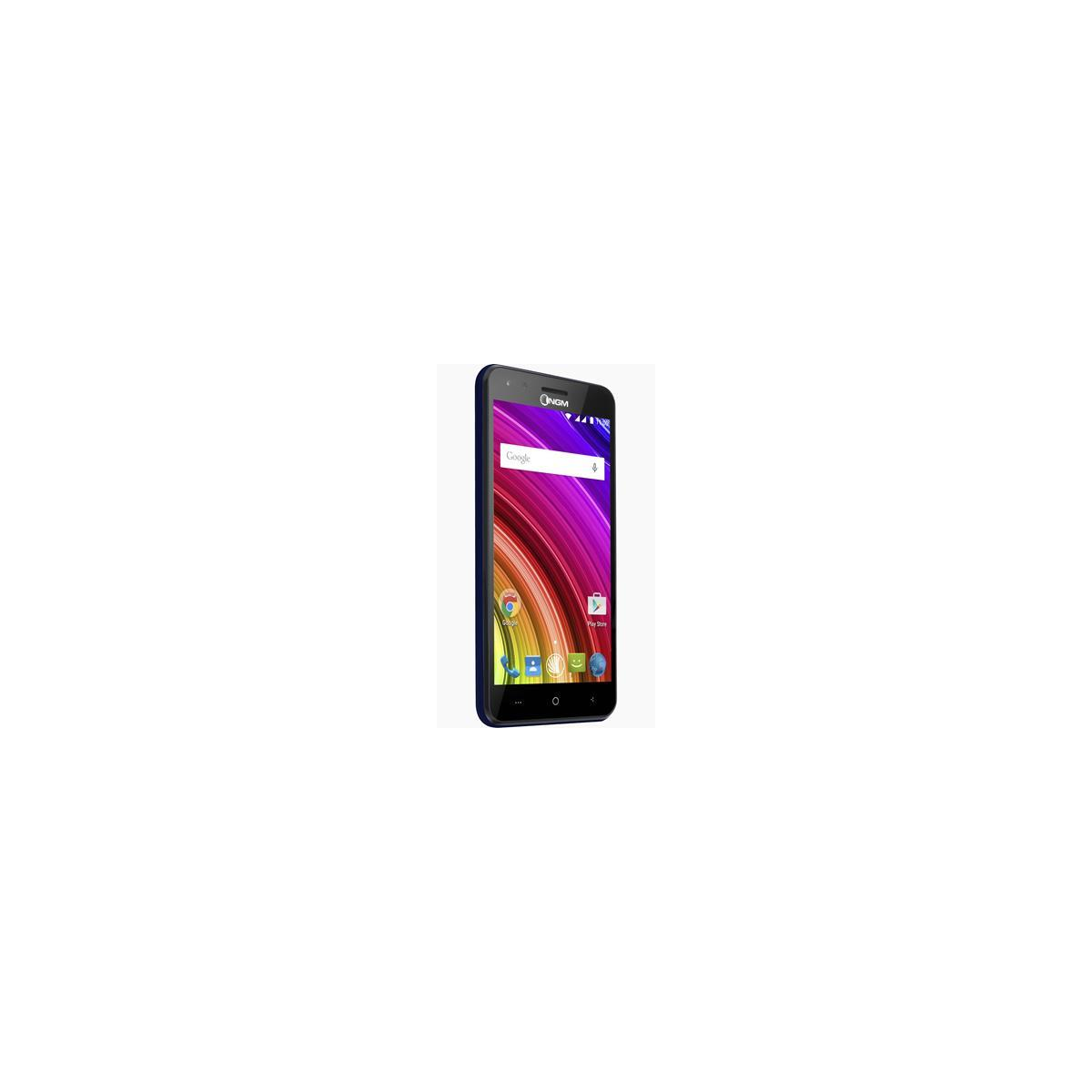 Uno smartphone NGM blu con sfondo colorato e barra di ricerca Google.