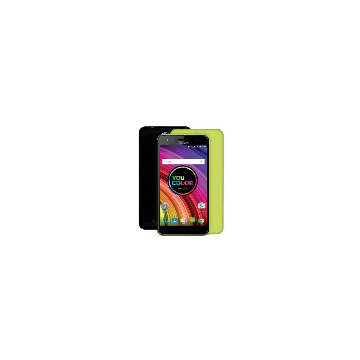 Due smartphone, uno nero, uno verde brillante con sfondo colorato.