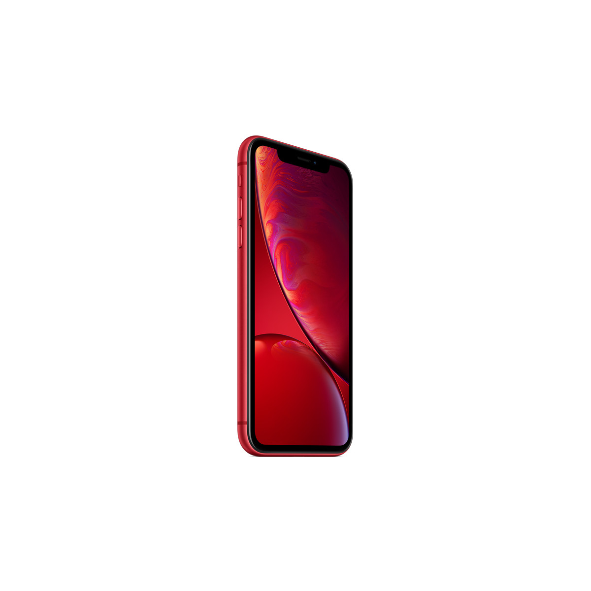 Een rode iPhone XR met afgeronde hoeken en een donkere achtergrond. Geïsoleerd.