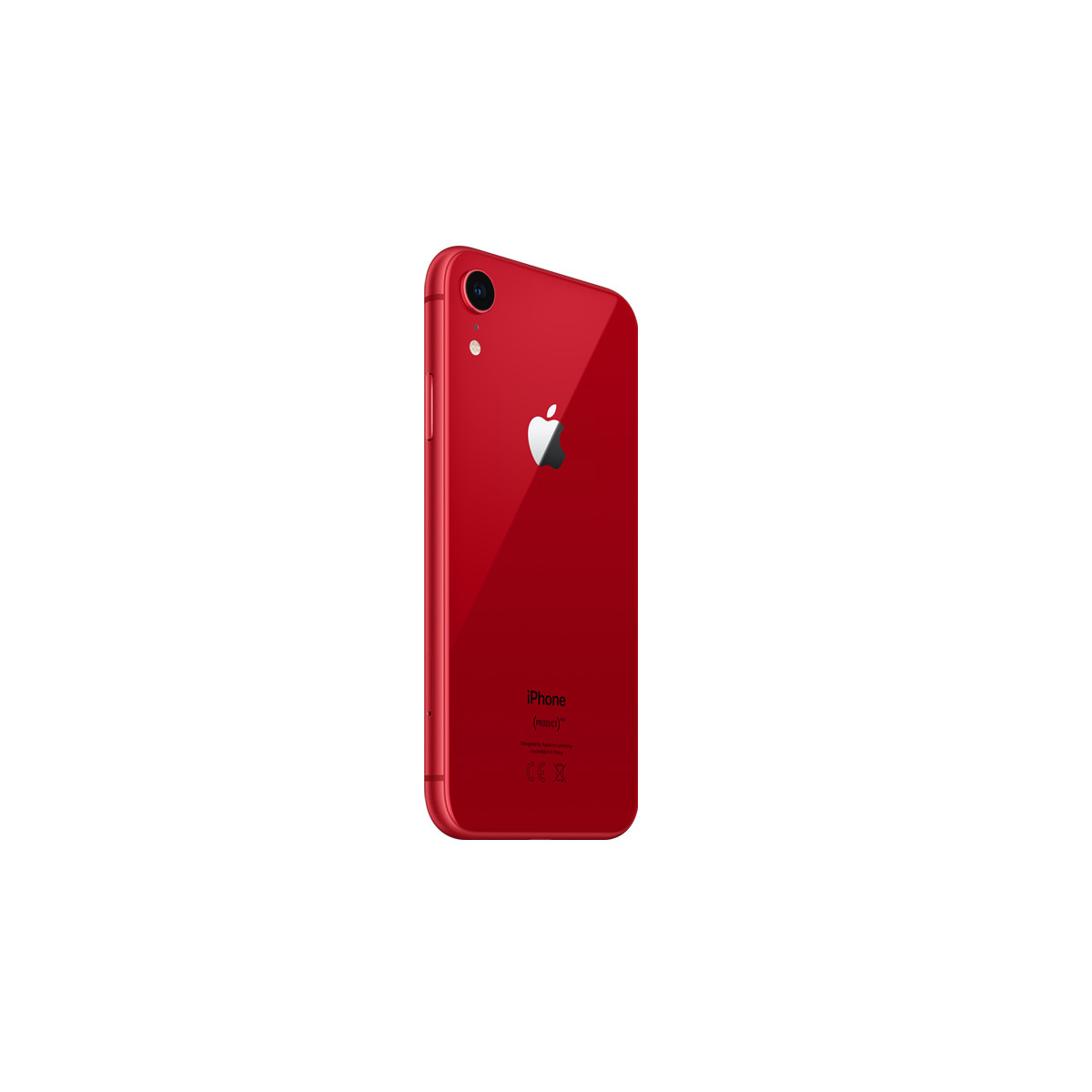 Rode iPhone XR met camera en Apple-logo op witte achtergrond.