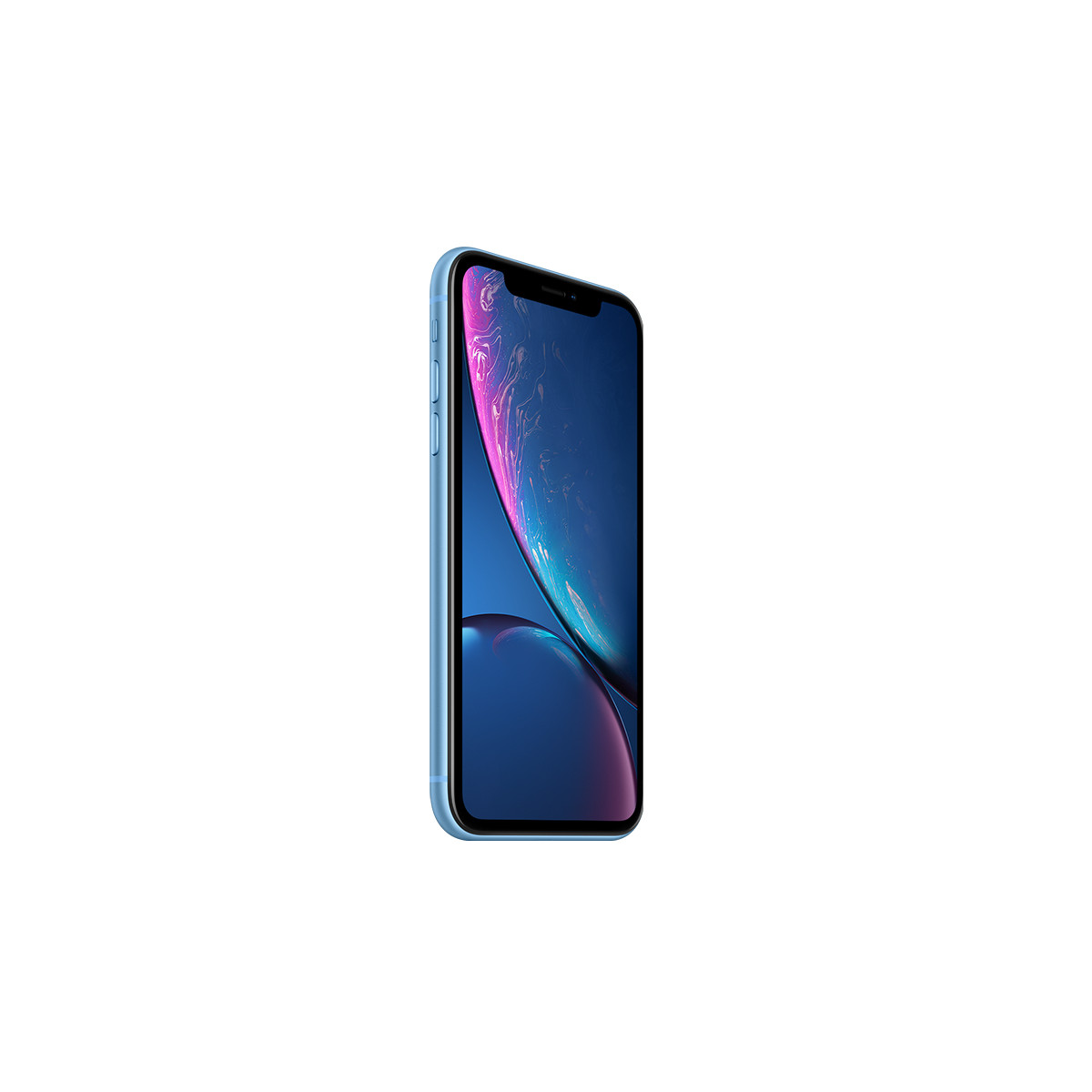 Een lichtblauwe smartphone met een kleurrijk scherm, tegen een witte achtergrond.
