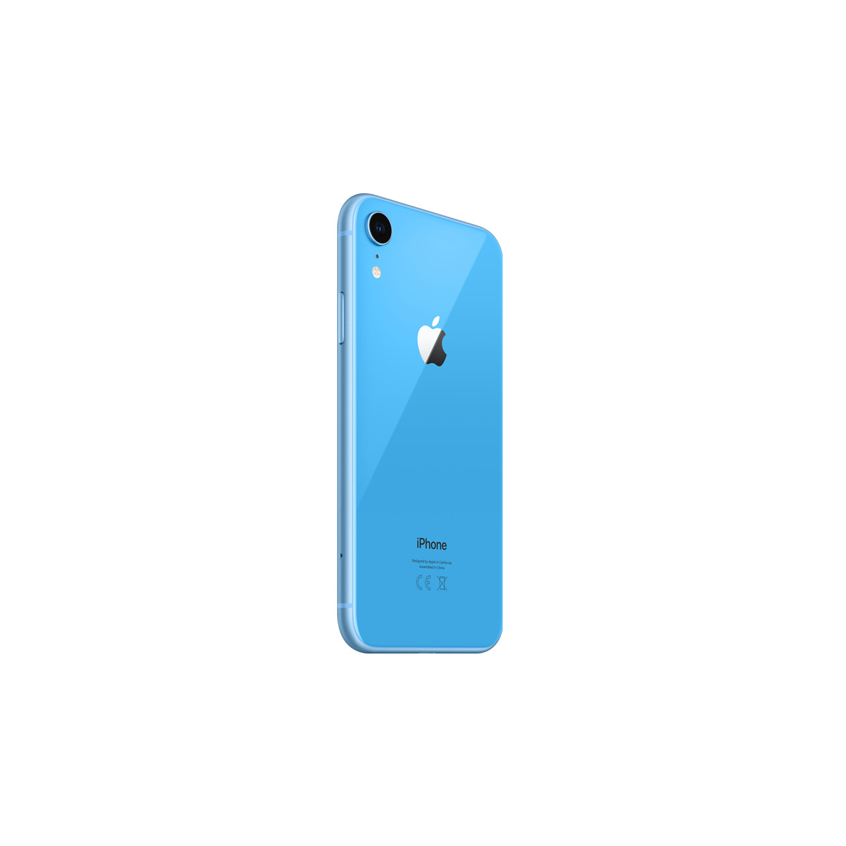 Blauwe iPhone met Apple-logo en camera, op witte achtergrond.
