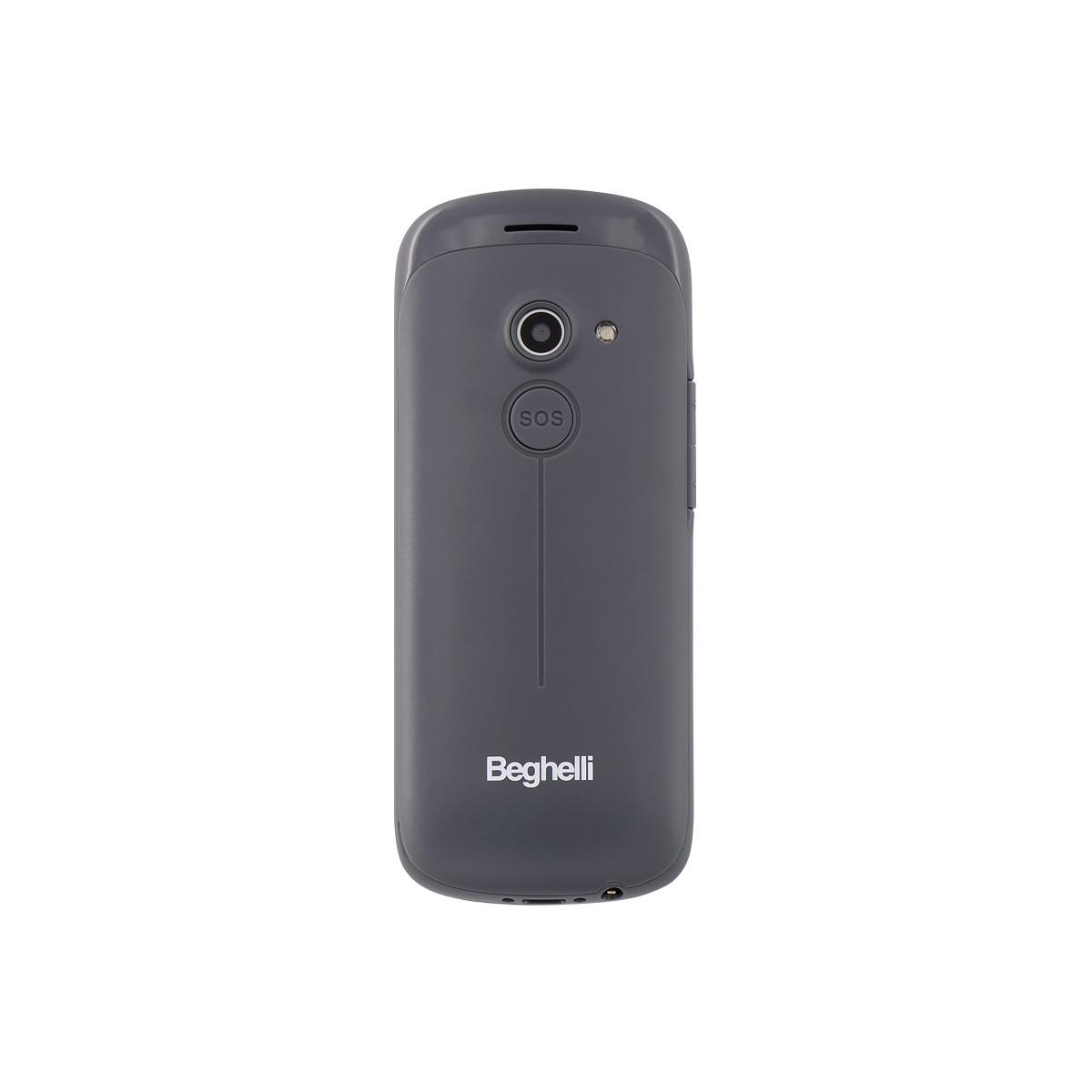Retro di un telefono grigio Beghelli con pulsante SOS, fotocamera e flash.