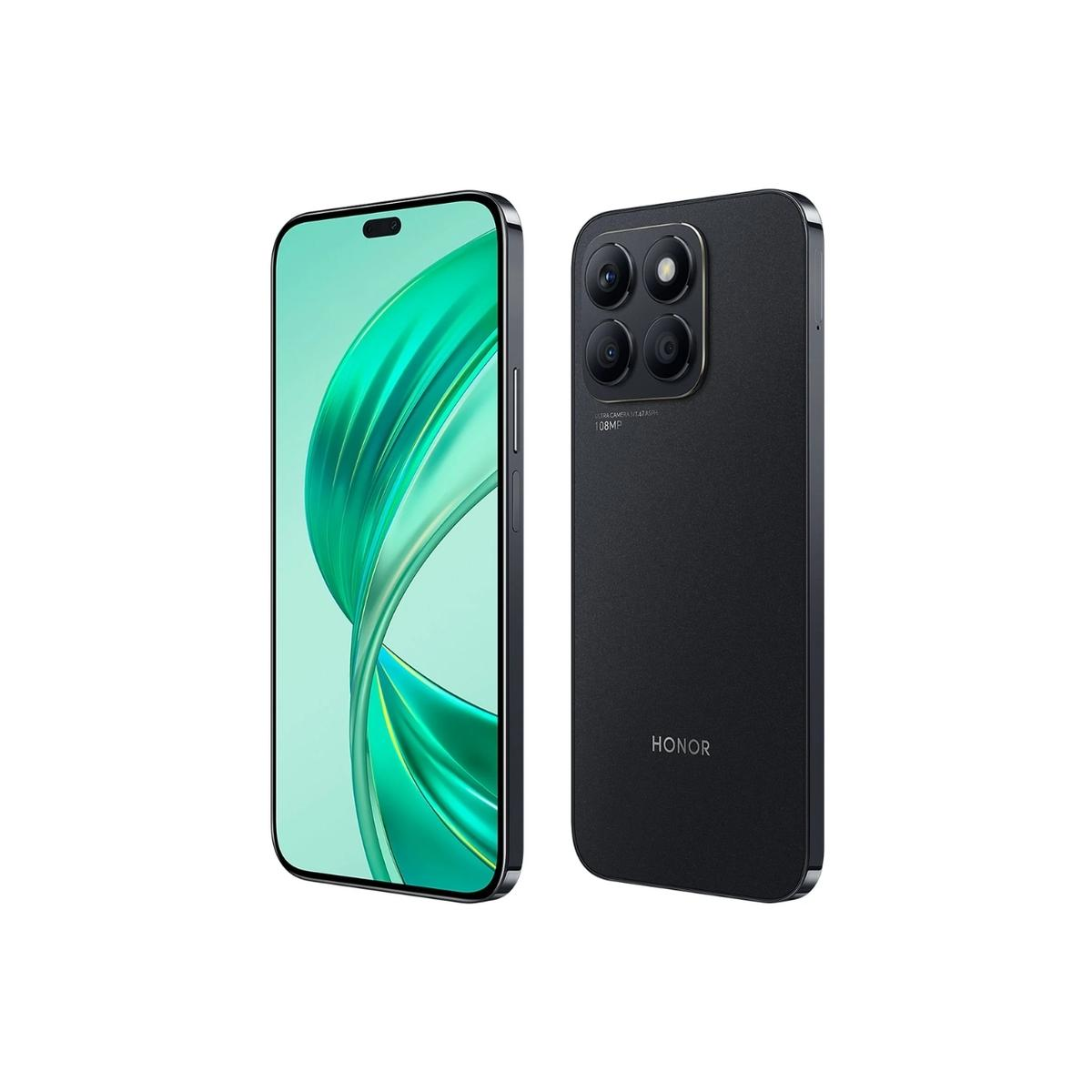 Due smartphone Honor neri uno accanto all'altro. Uno mostra lo schermo, l'altro la fotocamera.
