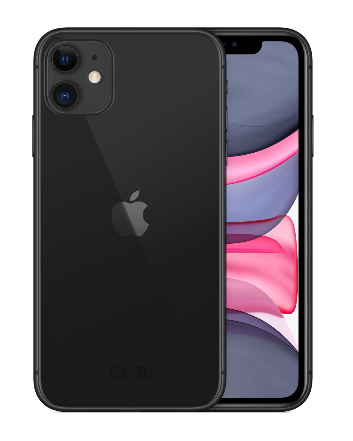 Czarny iPhone 11 z podwójnym aparatem z tyłu i logo Apple.