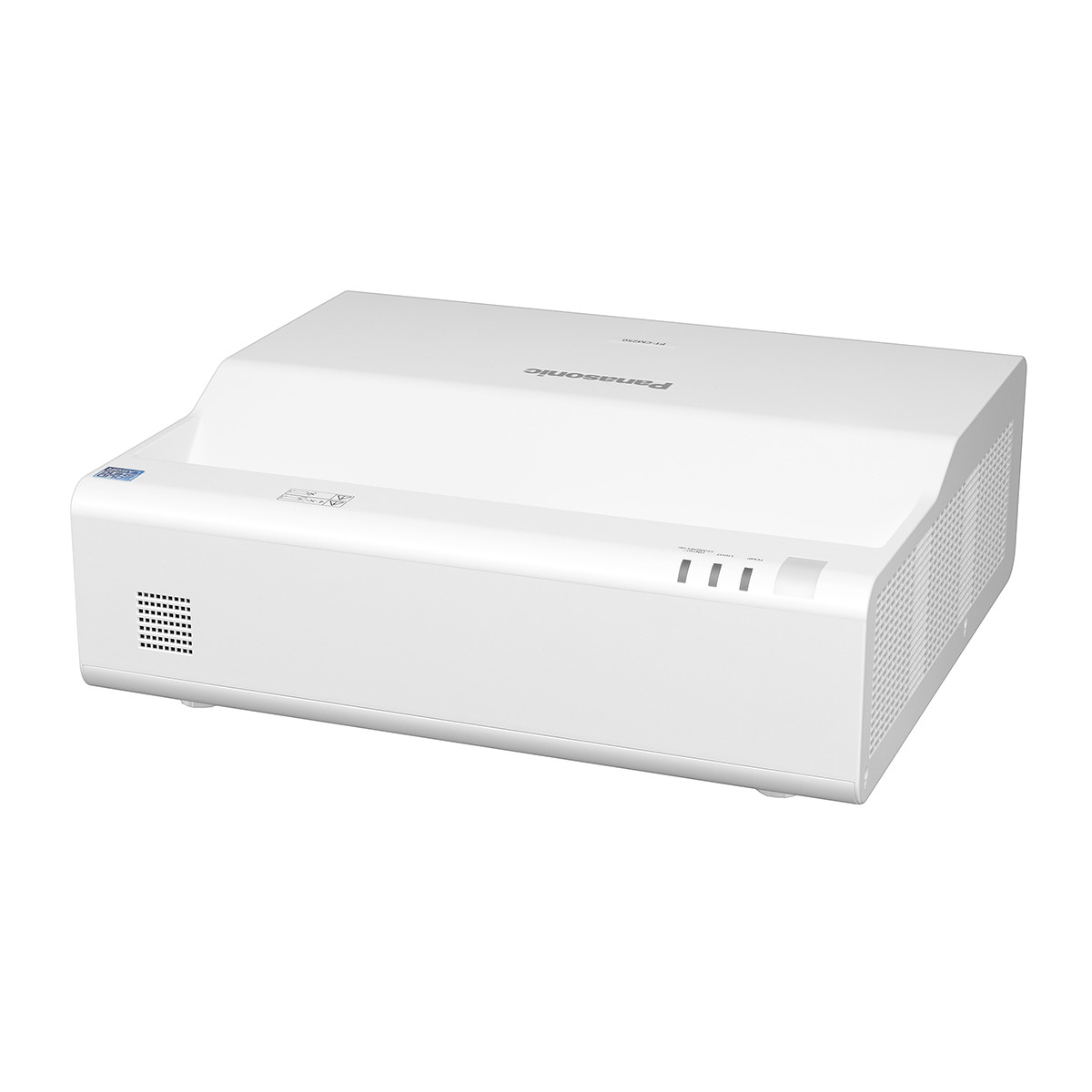 Ein weißer Panasonic Projektor mit Lüftungsschlitzen und Kontrollleuchten.