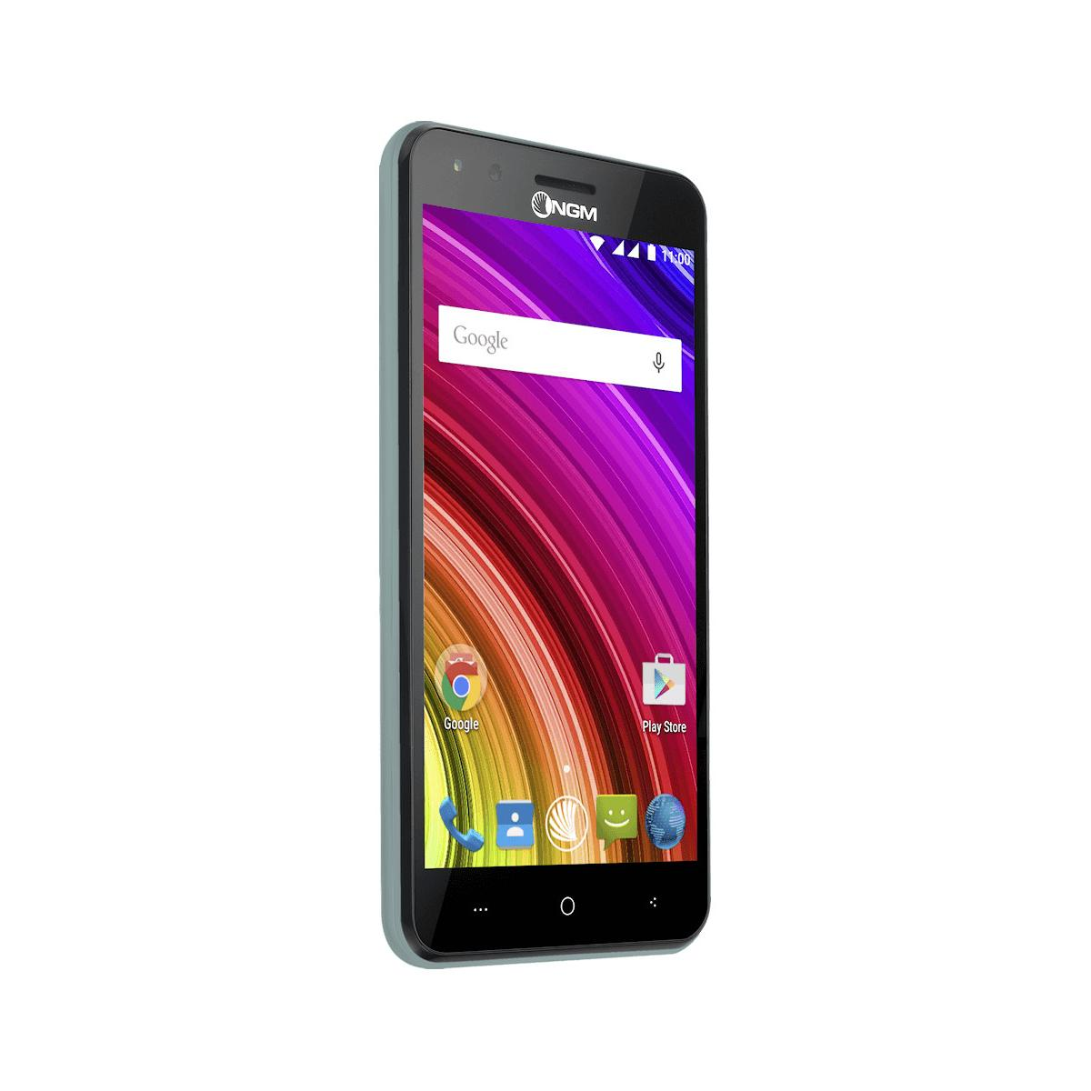 Uno smartphone grigio chiaro con sfondo colorato e icone Google.