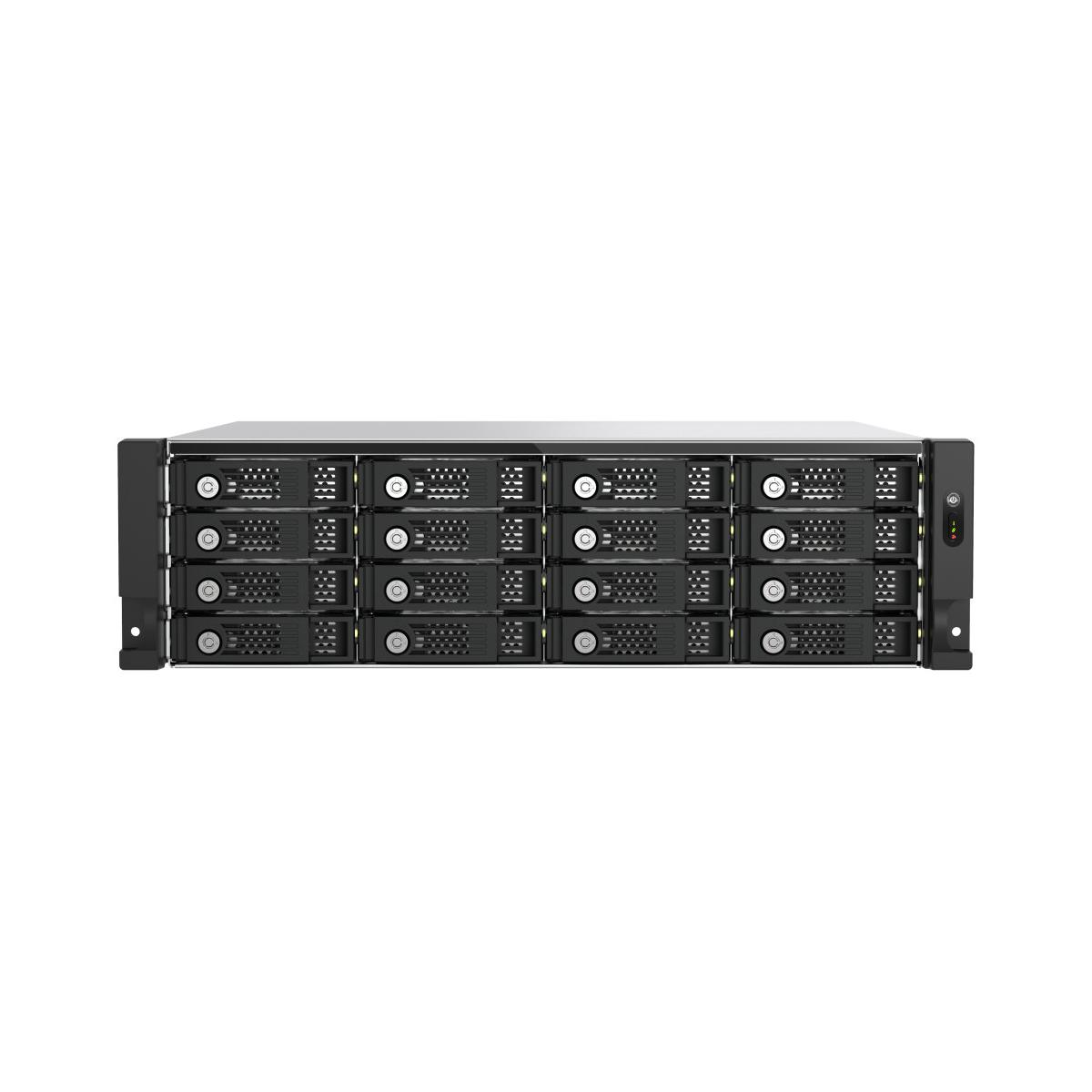 Un dispositivo di archiviazione rack nero con 16 alloggiamenti per unità in file.