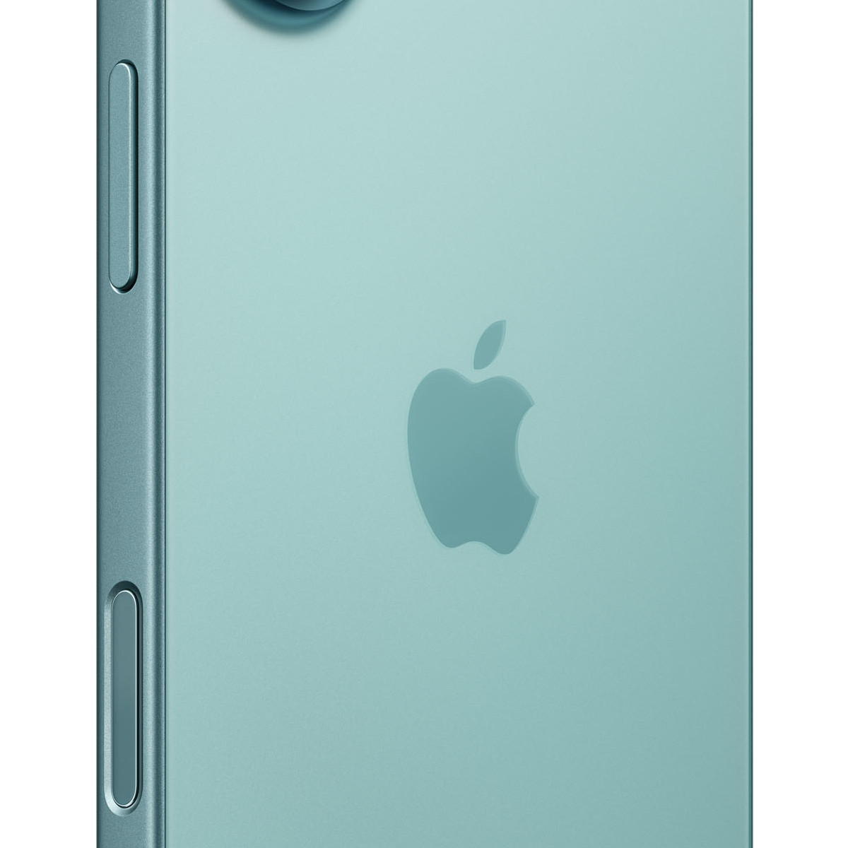 Tył turkusowego iPhone'a z logo Apple i przyciskami bocznymi.