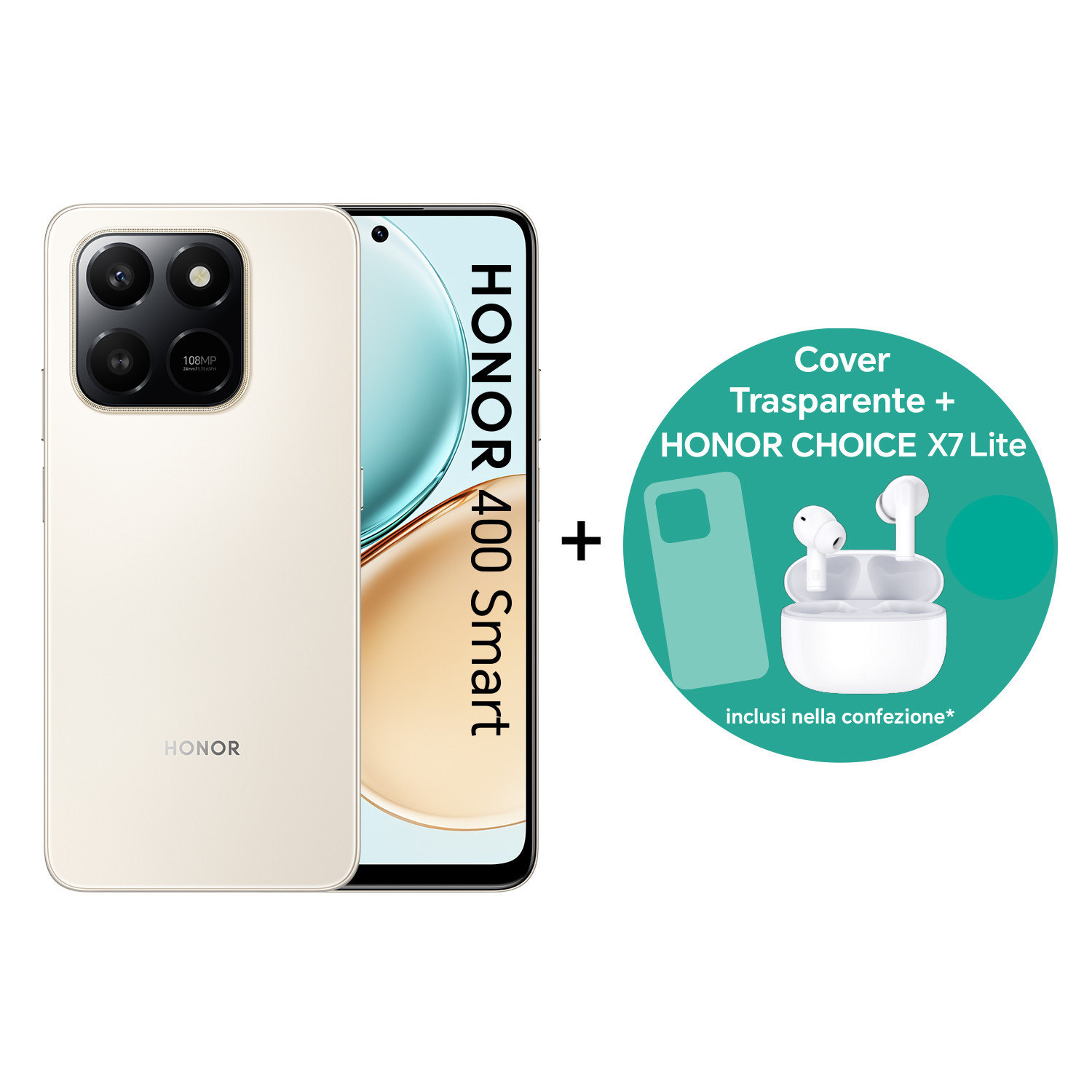 Un smartphone Honor blanco con tres cámaras y auriculares.