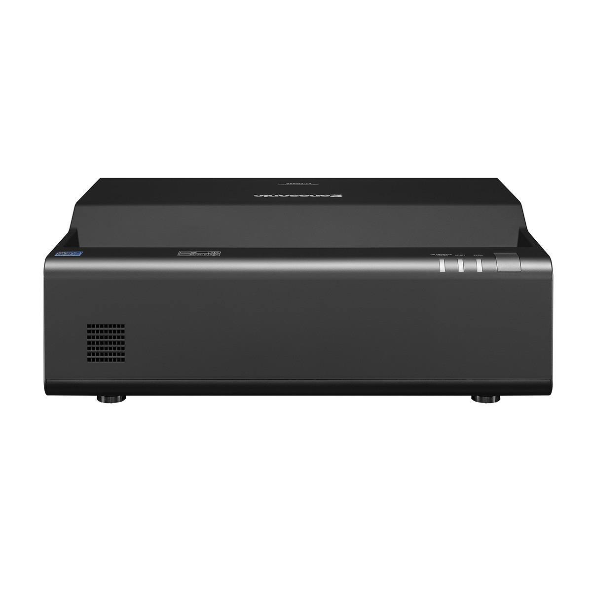 Ein schwarzer Panasonic-Projektor mit Lüftungsschlitzen und Bedienelementen.