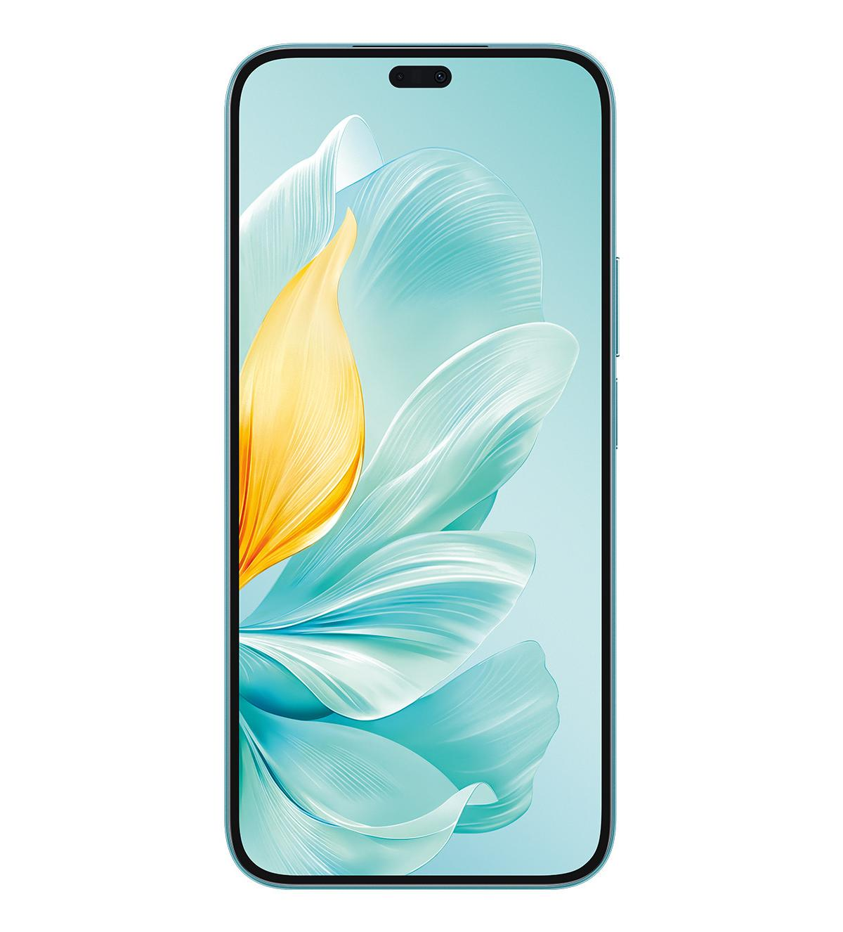 Uno smartphone azzurro con uno sfondo simile a petali sullo schermo.