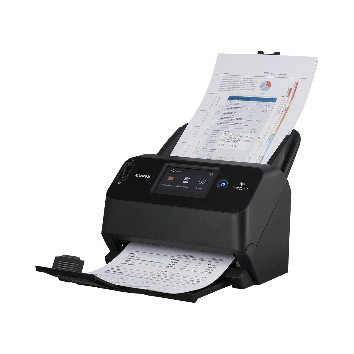 Uno scanner Canon nero con documenti caricati.