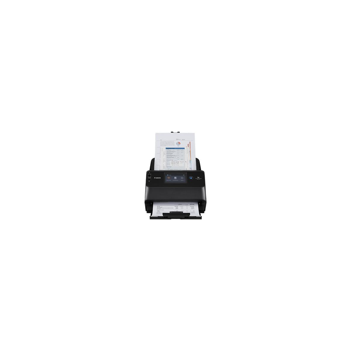 Uno scanner di documenti nero con carte inserite, su sfondo bianco.