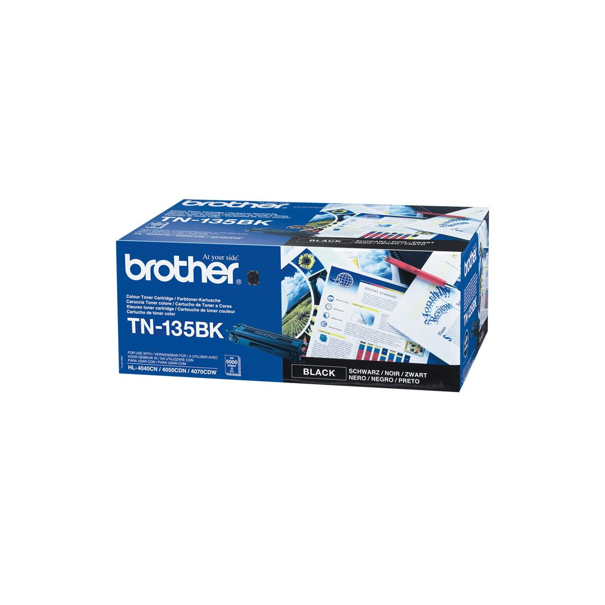 Confezione cartuccia toner nera Brother TN-135BK con immagini e dettagli del prodotto.