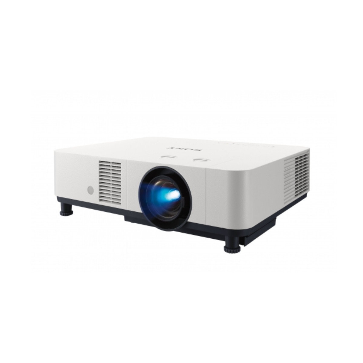 Ein weißer Sony-Projektor mit blauem Lichtstrahl aus der Linse auf weißem Hintergrund.