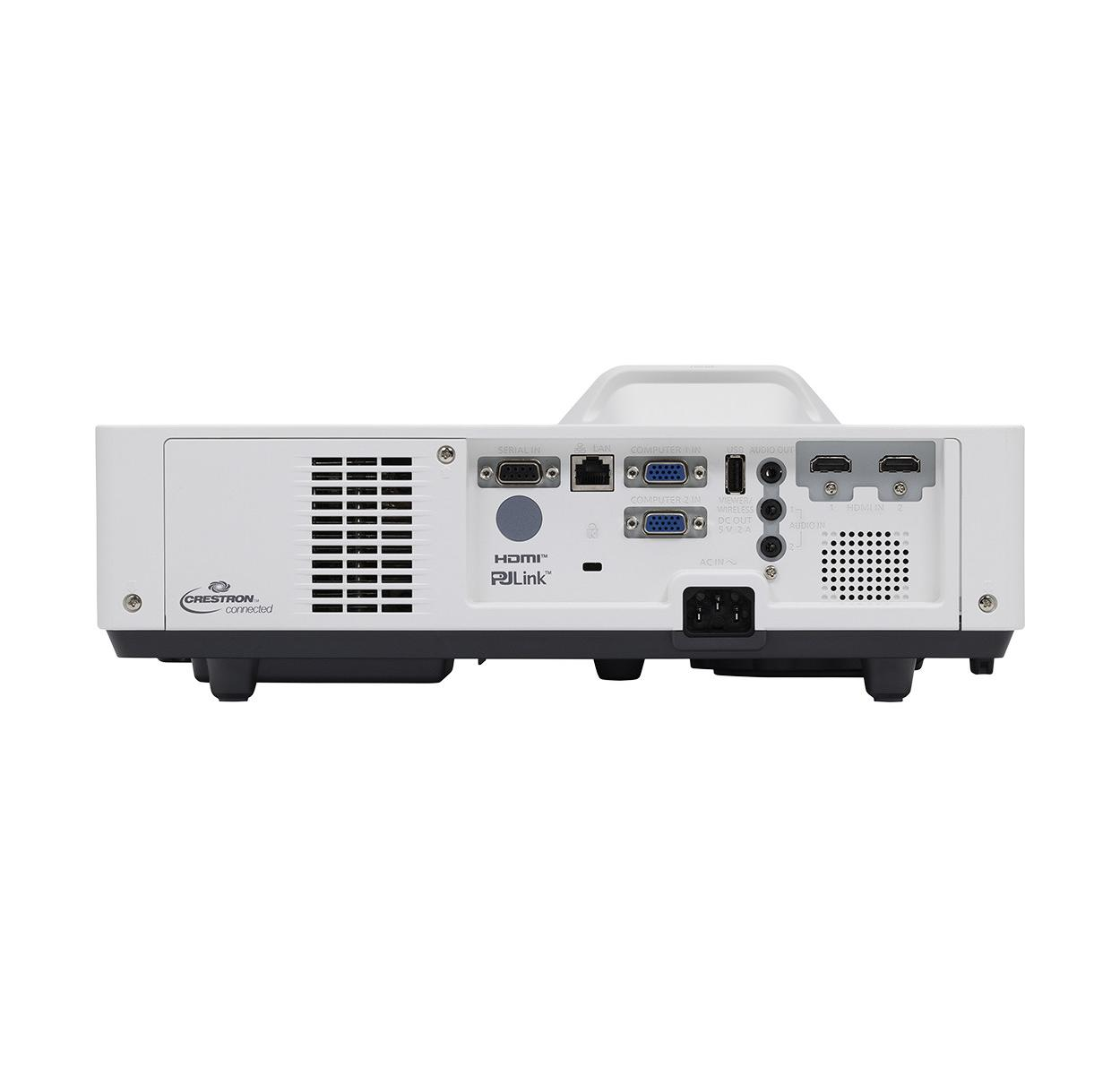 Rückseite eines weißen Projektors mit Anschlüssen wie HDMI, USB, LAN und Strom.
