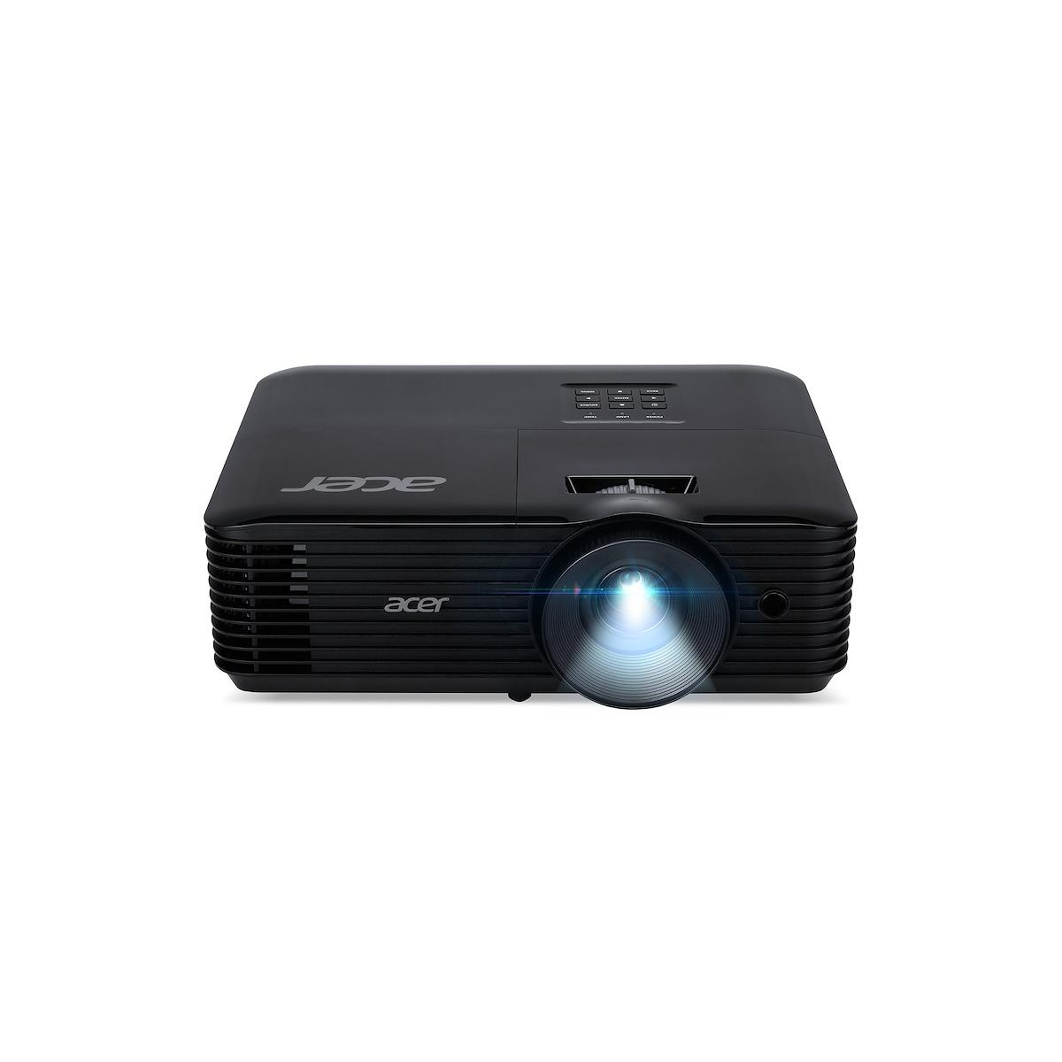 Un projecteur Acer noir avec une lentille allumée, sur fond blanc.