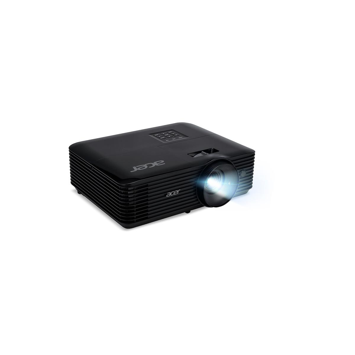 Un projecteur Acer noir avec une lentille lumineuse sur fond blanc.