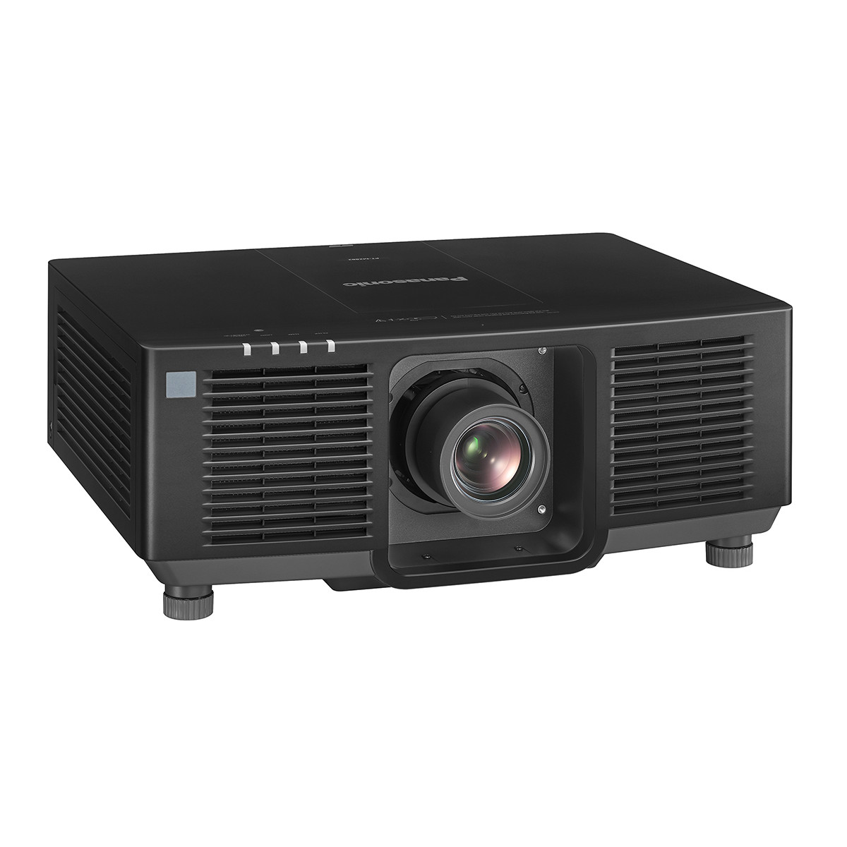 Schwarzer Panasonic Projektor mit Linse und Lüftungsschlitzen.