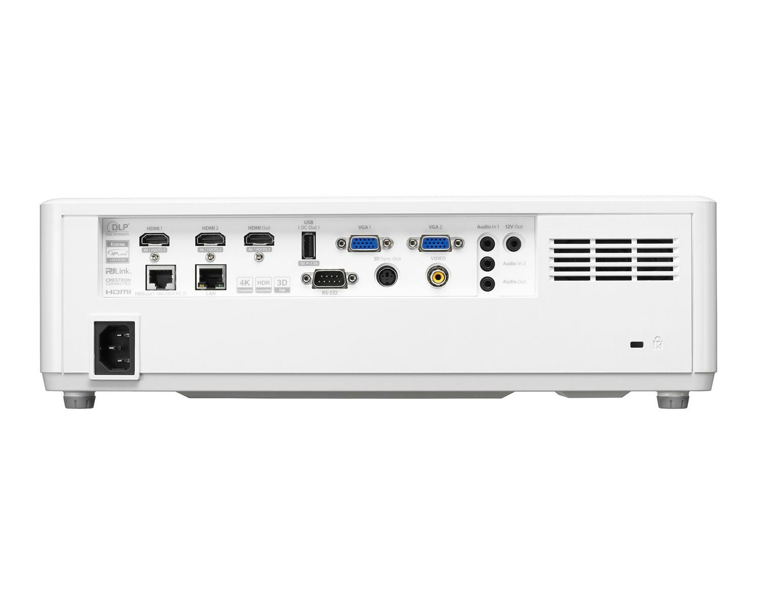 Arrière d'un projecteur blanc montrant divers ports : HDMI, USB, VGA, LAN, RS-232 et audio.