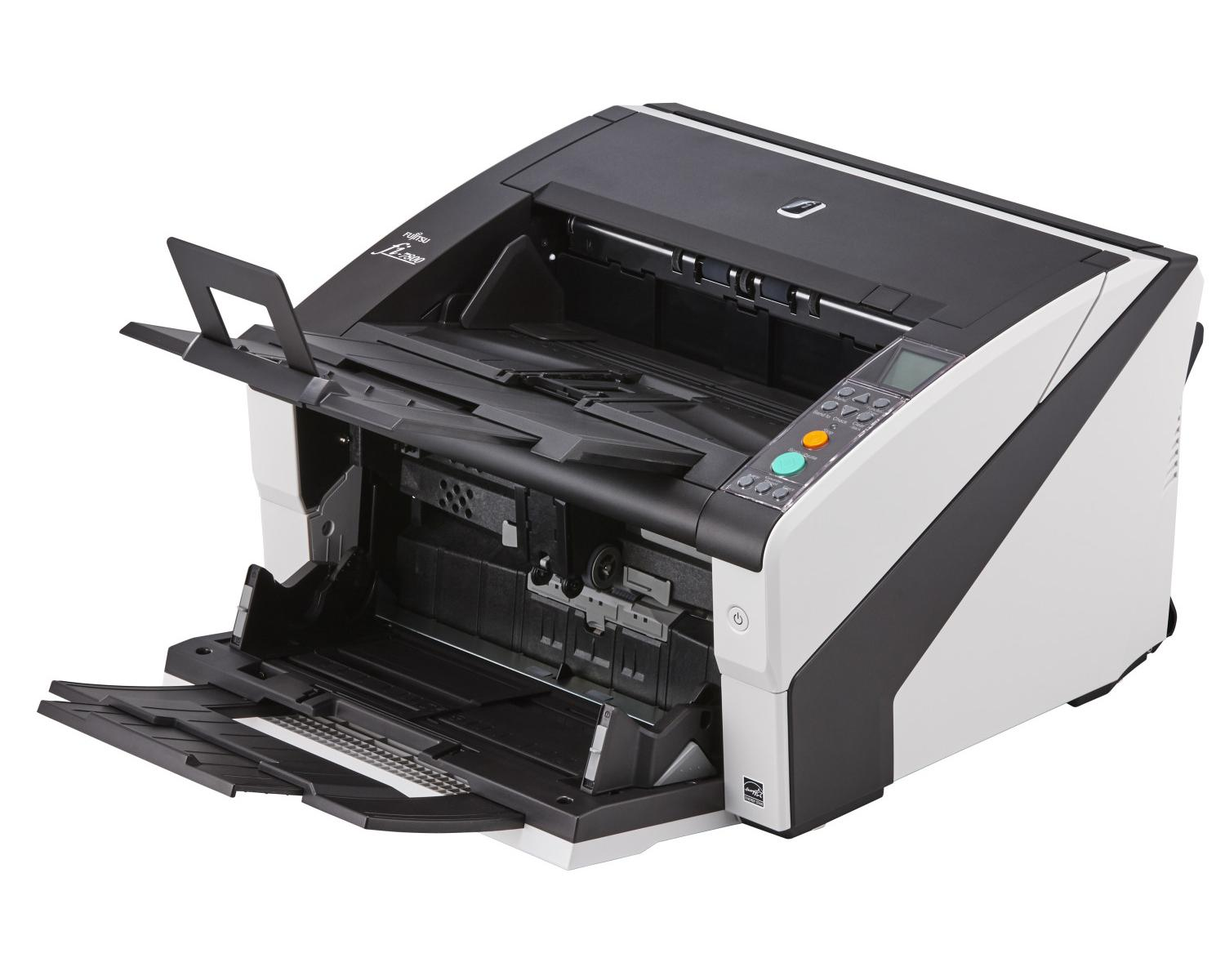 Uno scanner Fujitsu aperto con vassoi aperti e pannello di controllo.