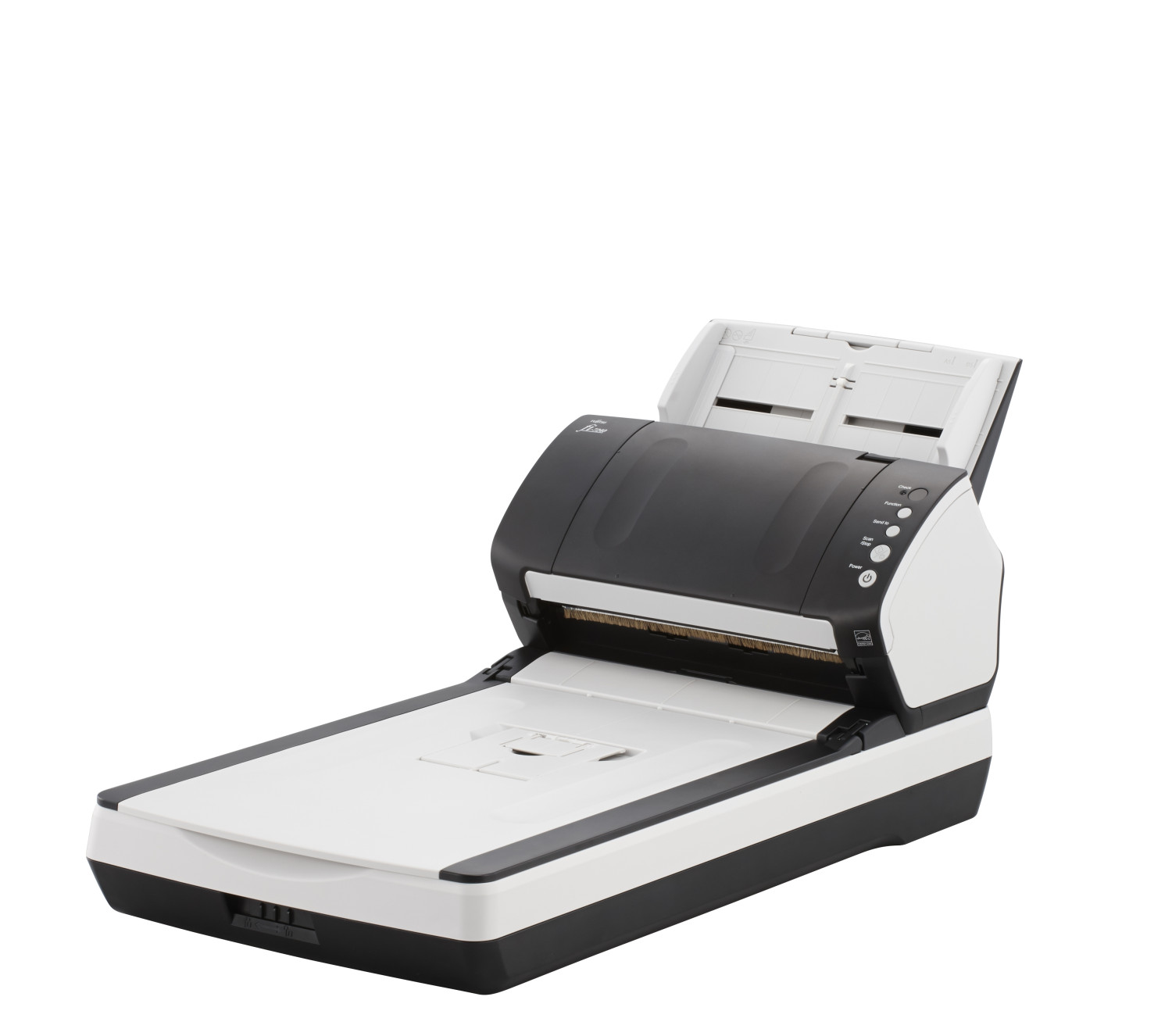 Uno scanner Fujitsu bianco e nero con coperchio aperto, su sfondo bianco.