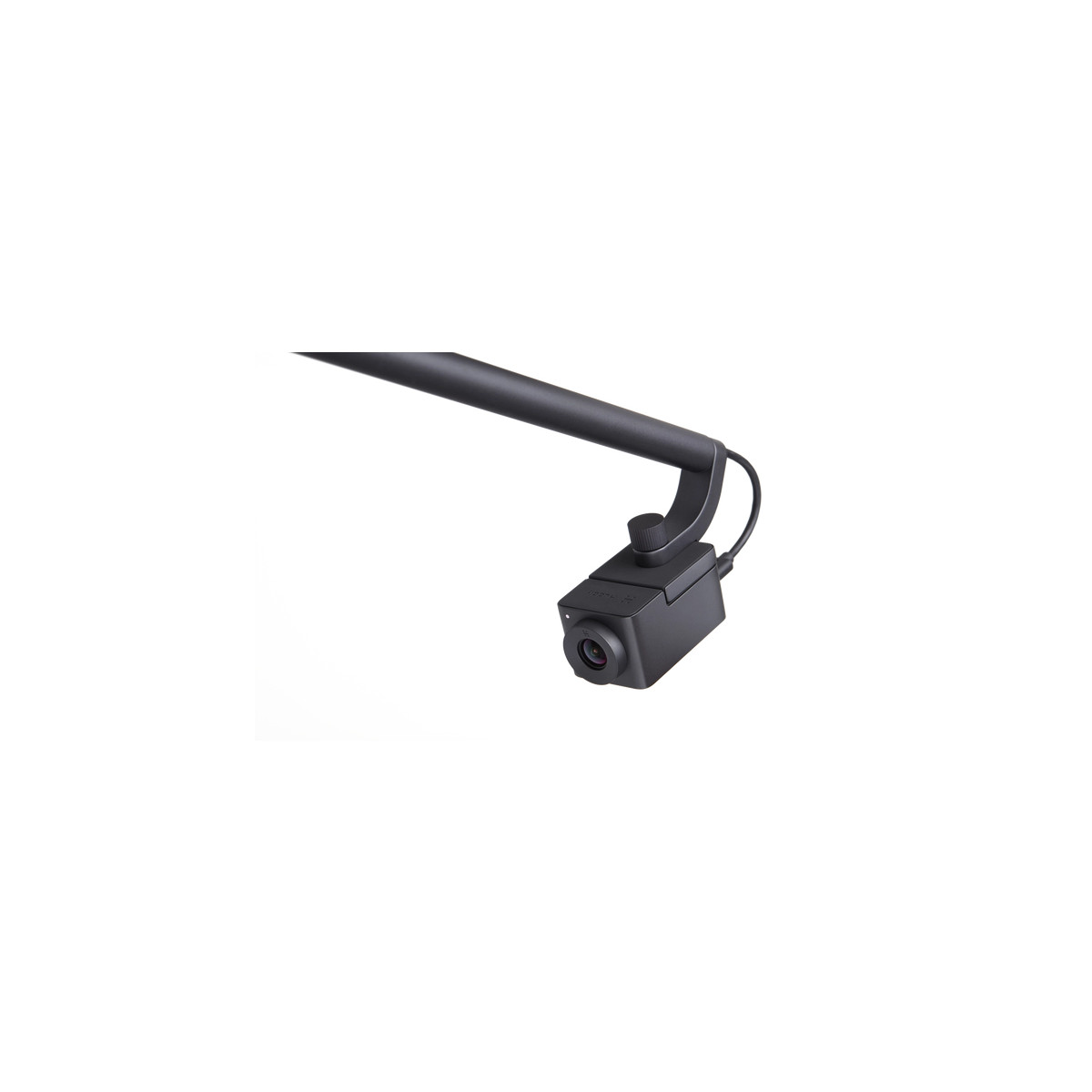 Un gimbal nero con telecamera su sfondo bianco.