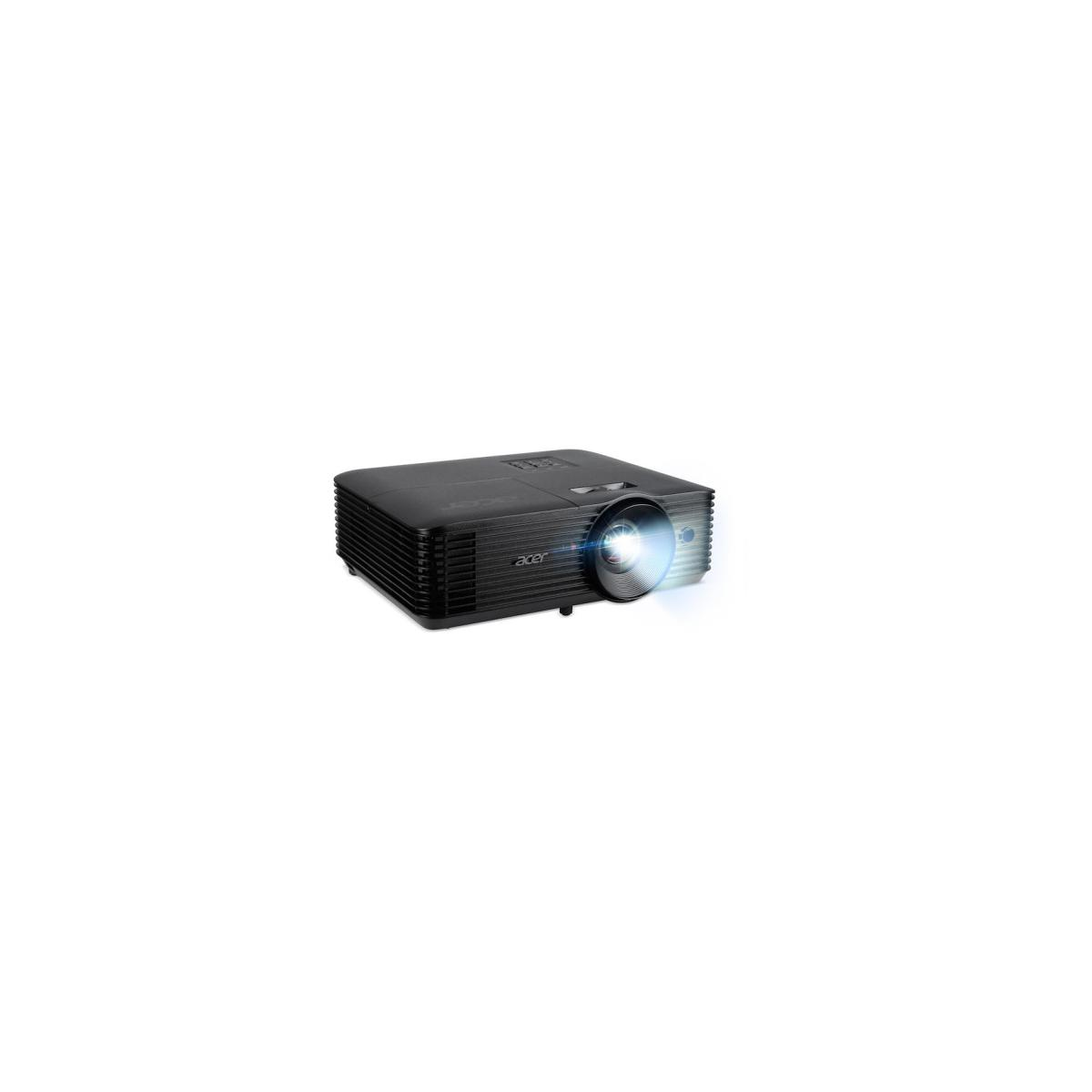 Ein schwarzer Acer-Projektor mit leuchtender Linse auf weißem Hintergrund.