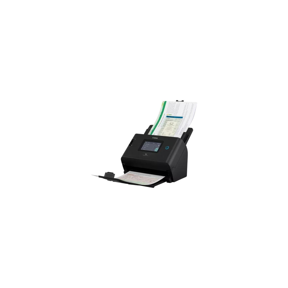 A black document scanner with documents inserted.