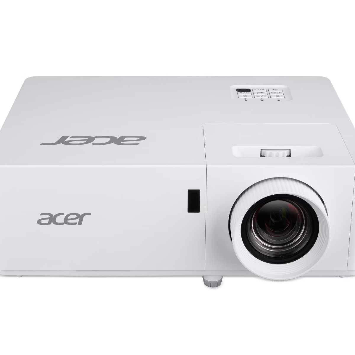Biały projektor Acer z obiektywem i przyciskami sterującymi na białym tle.